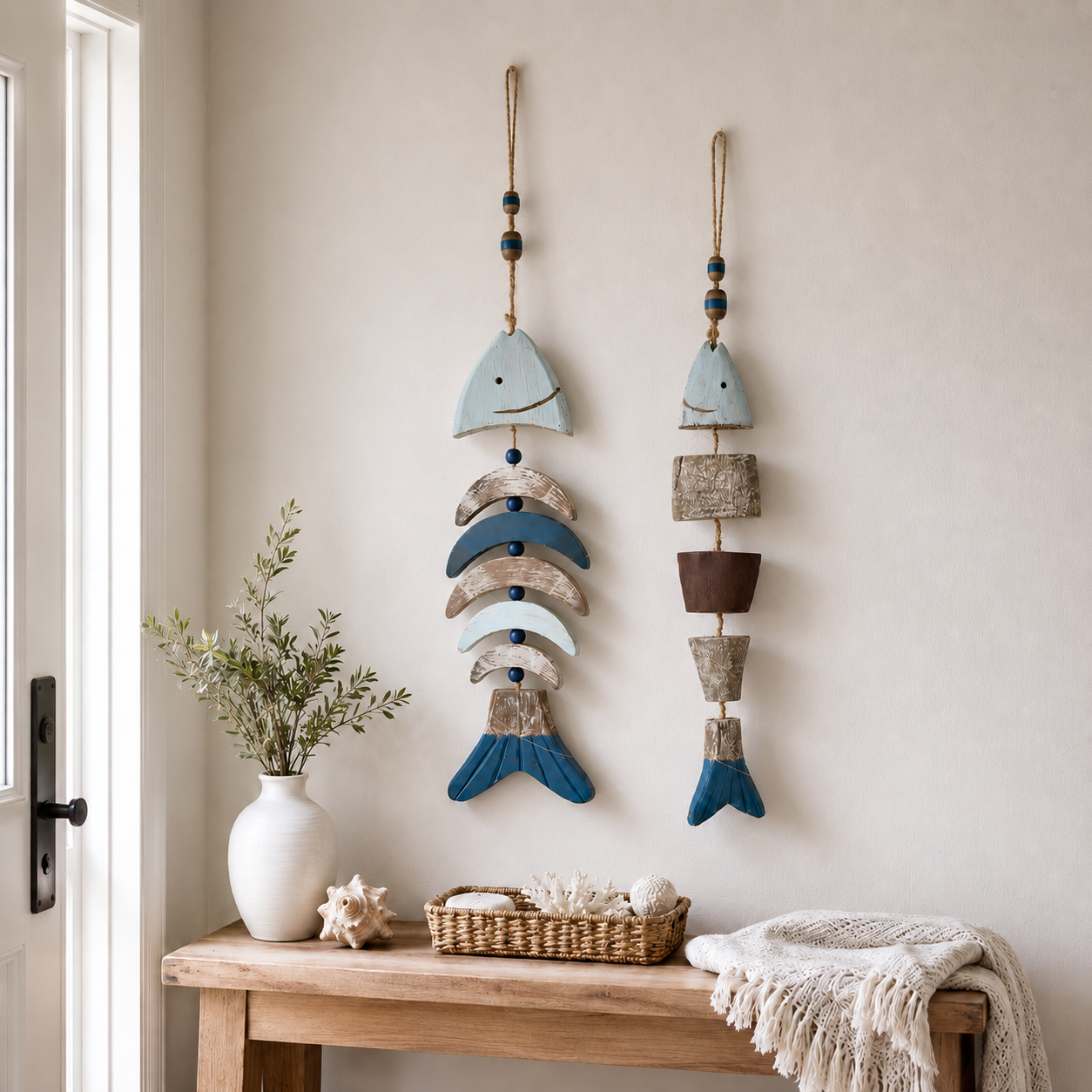 🌊 Lighted Coastal Wooden Fish Hanging Decor Set of 2
