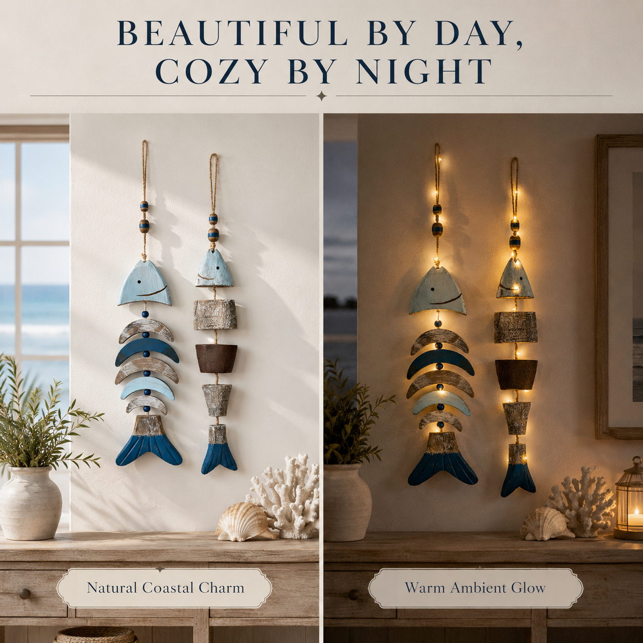 🌊 Lighted Coastal Wooden Fish Hanging Decor Set of 2