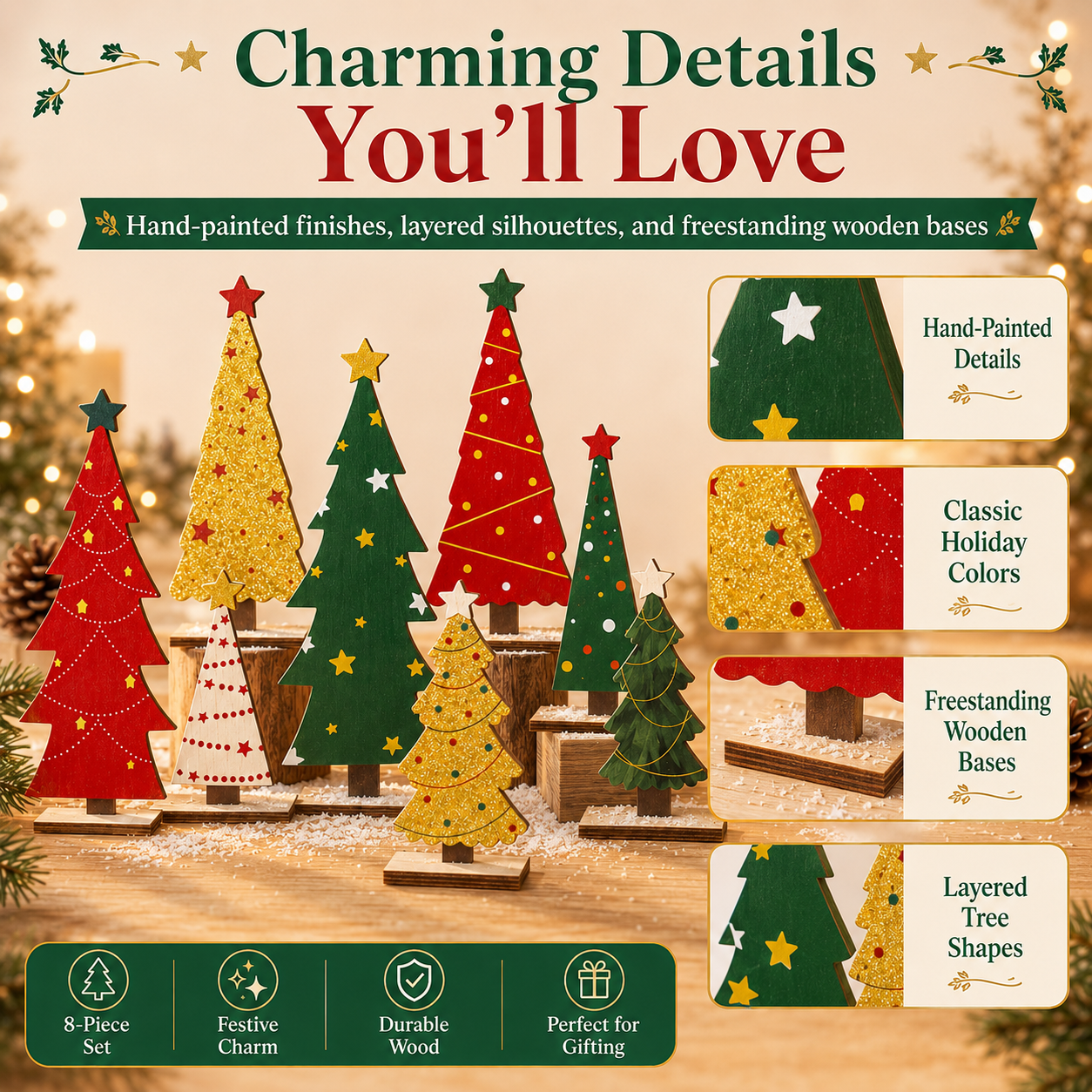 8-Piece Rustic Wooden Christmas Tree Decor Set