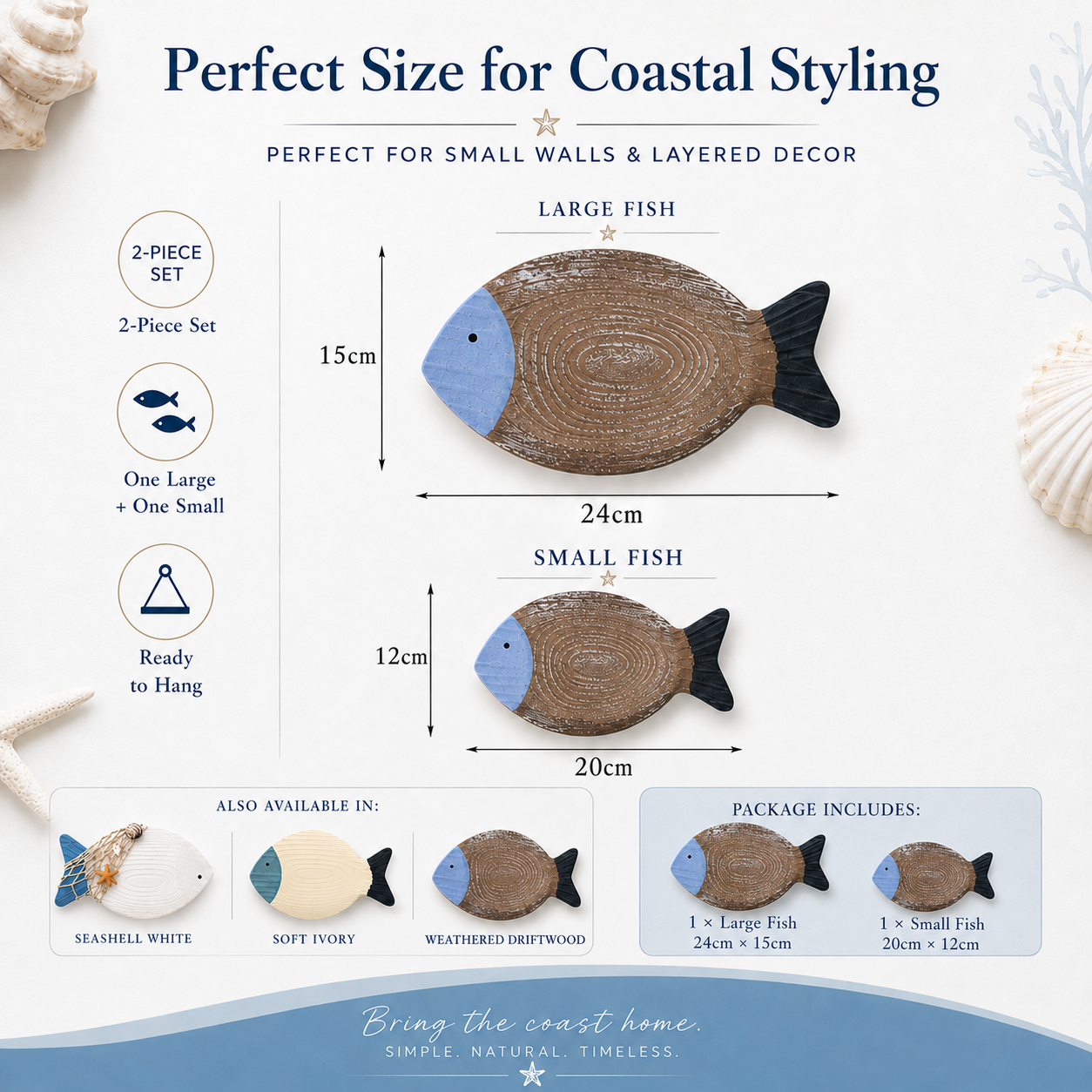 🐟 Coastal Wooden Fish Wall Decor Set