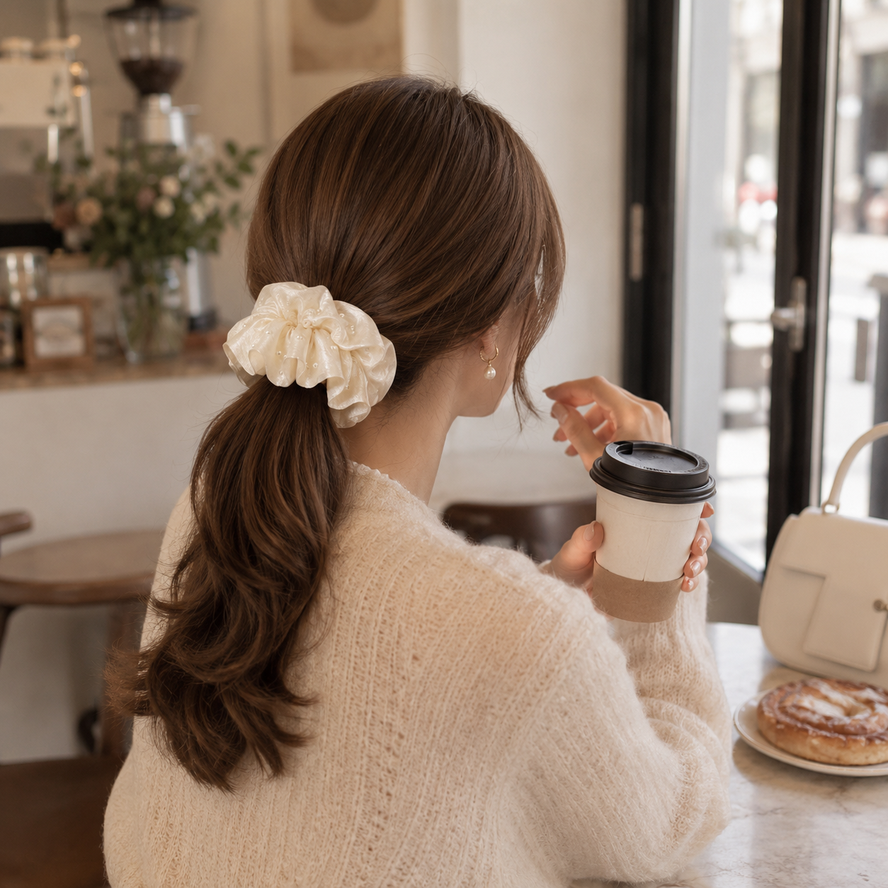 Pearl Lace Hair Scrunchie Trio Set with Display Stand 🎀✨