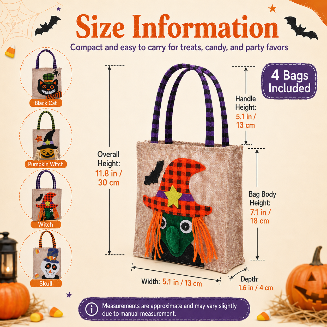 🎃 Whimsical Halloween Trick-or-Treat Bags – Set of 4