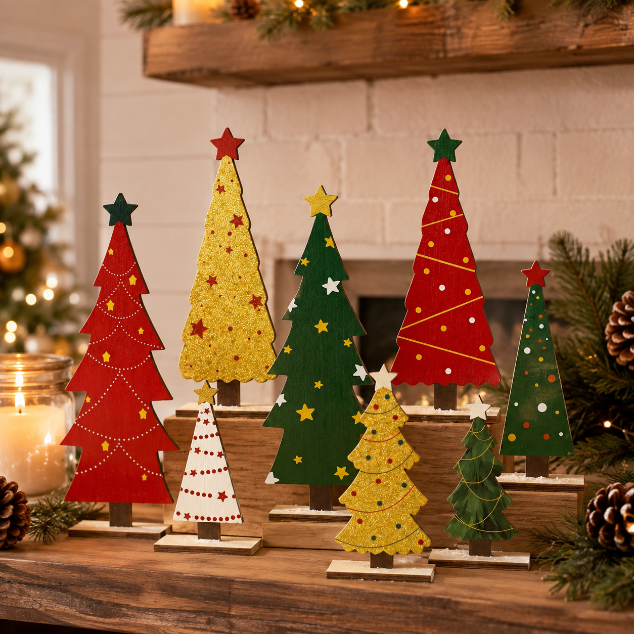 8-Piece Rustic Wooden Christmas Tree Decor Set