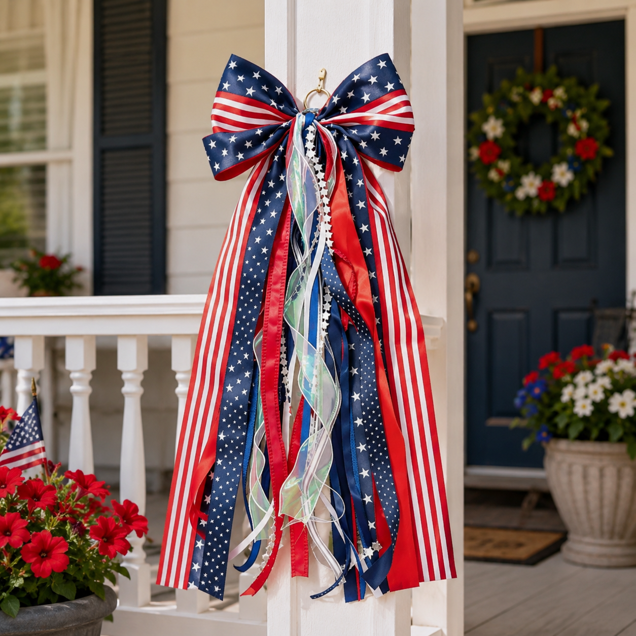 Red White Blue Hanging Ribbon Bow Decoration