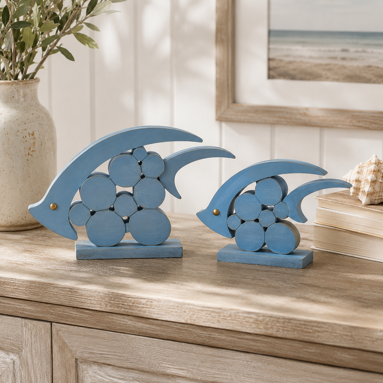 🐟 Coastal Pebble Fish Wooden Decor Set – 2 Pieces