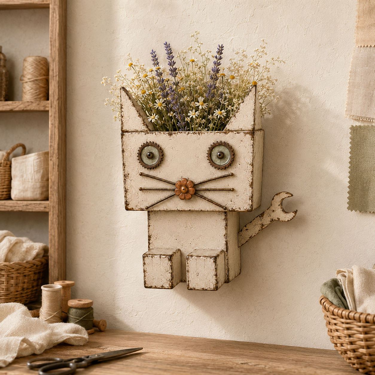 Whimsical Wrench-Tail Cat Metal Flower Holder 🐱🌼