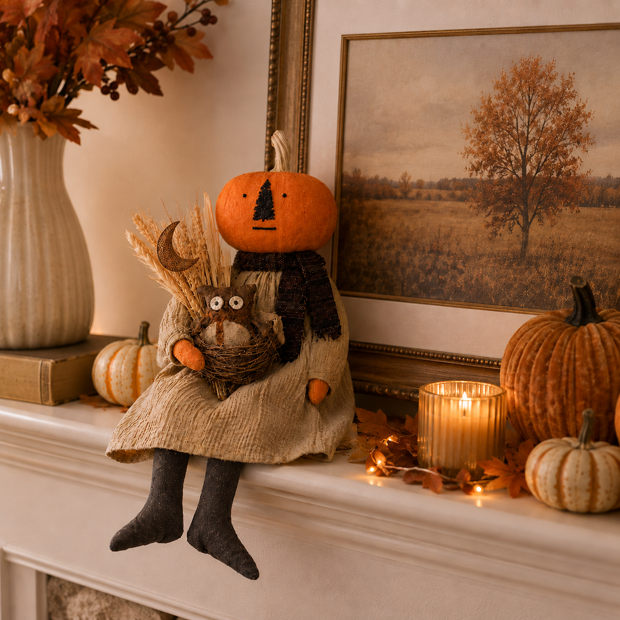 Pumpkin Head Harvest Doll with Gift Box - 11 Inch Fall Tabletop Decor