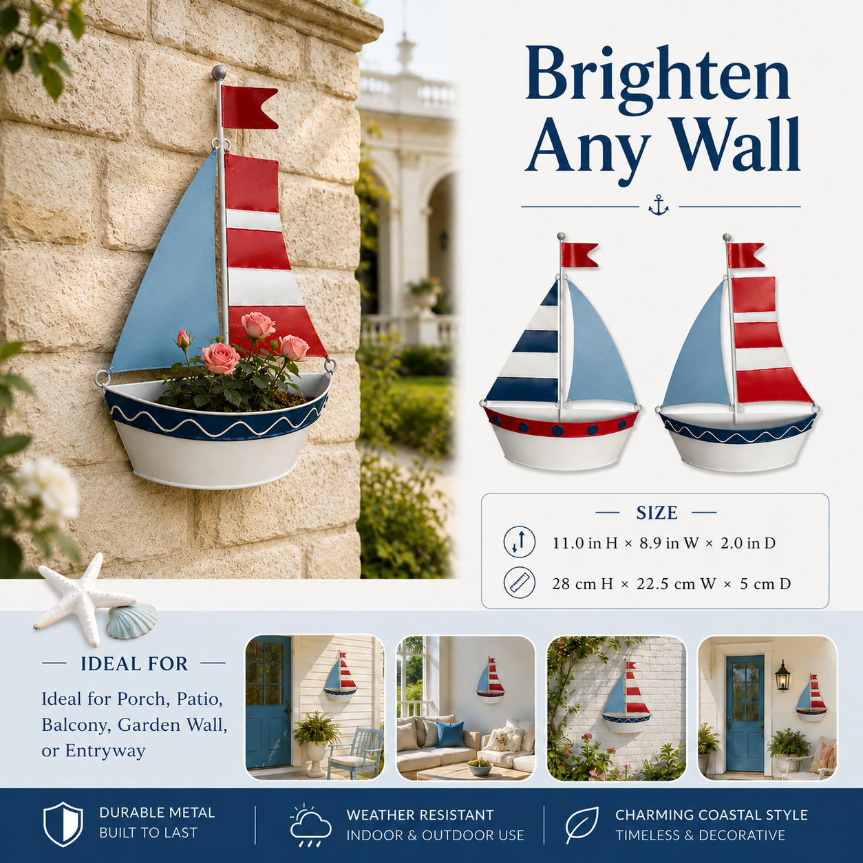 Coastal Sailboat Metal Wall Planter – Nautical Hanging Flower Basket⛵