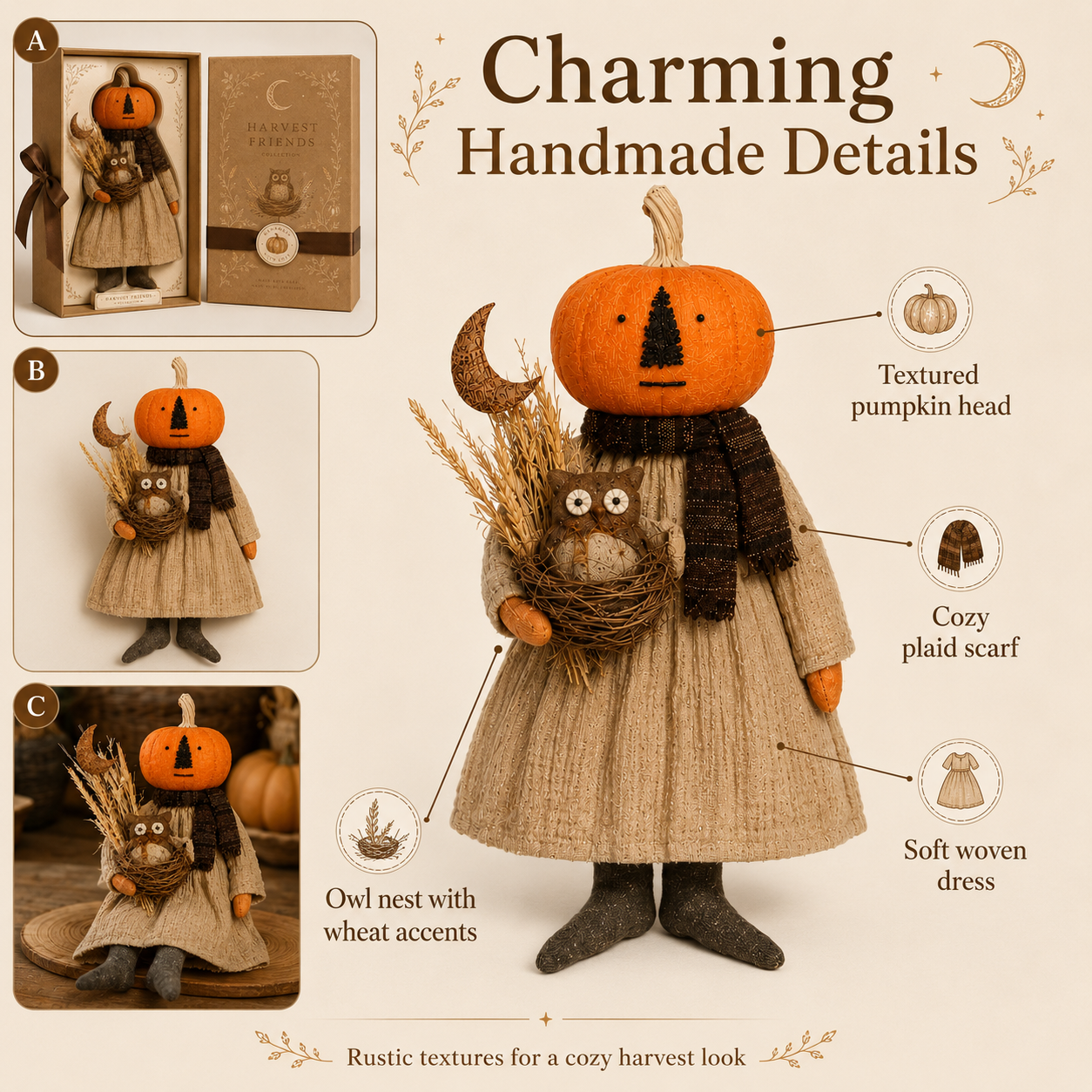 Pumpkin Head Harvest Doll with Gift Box - 11 Inch Fall Tabletop Decor