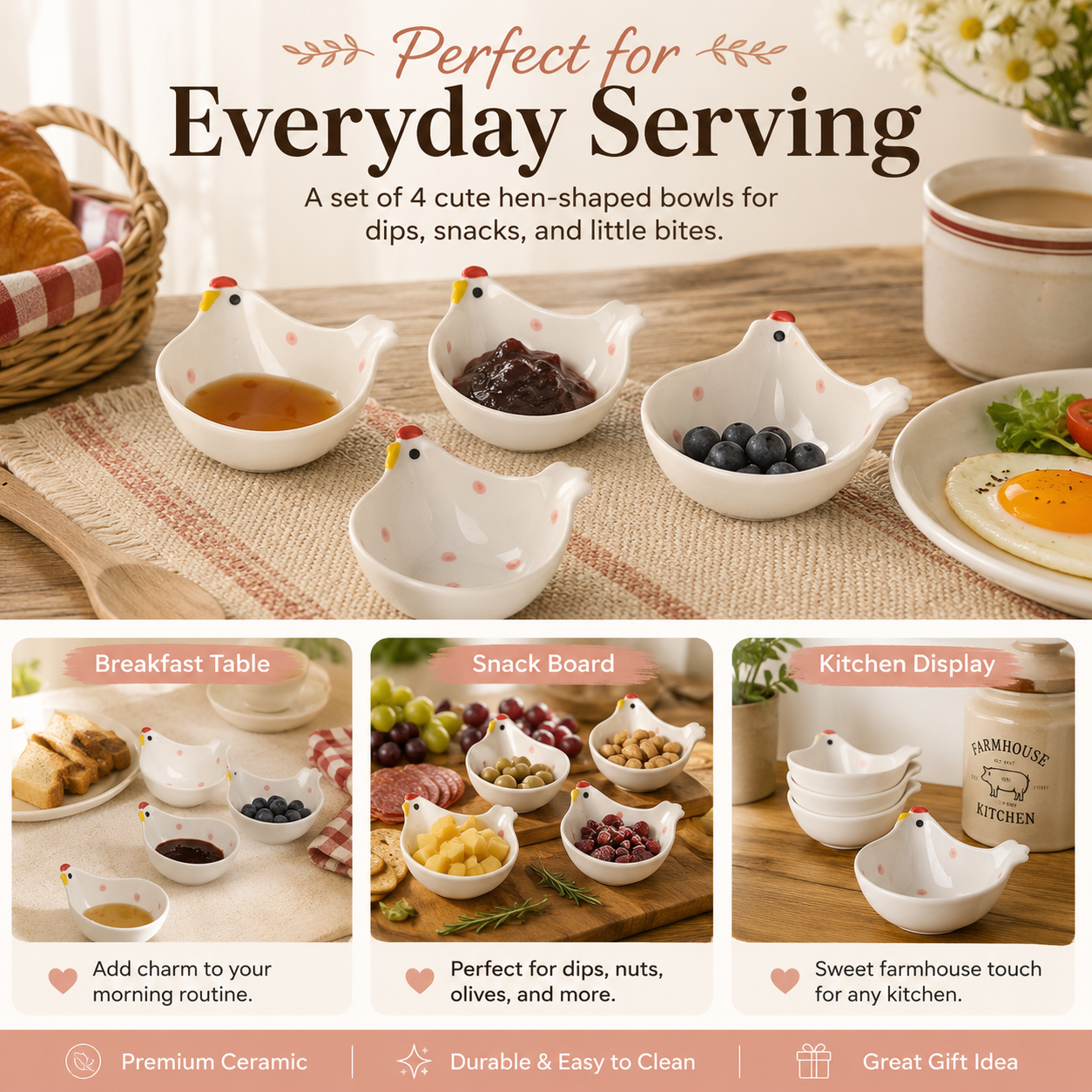Whimsical Hen Ceramic Dipping Bowls – Set of 4