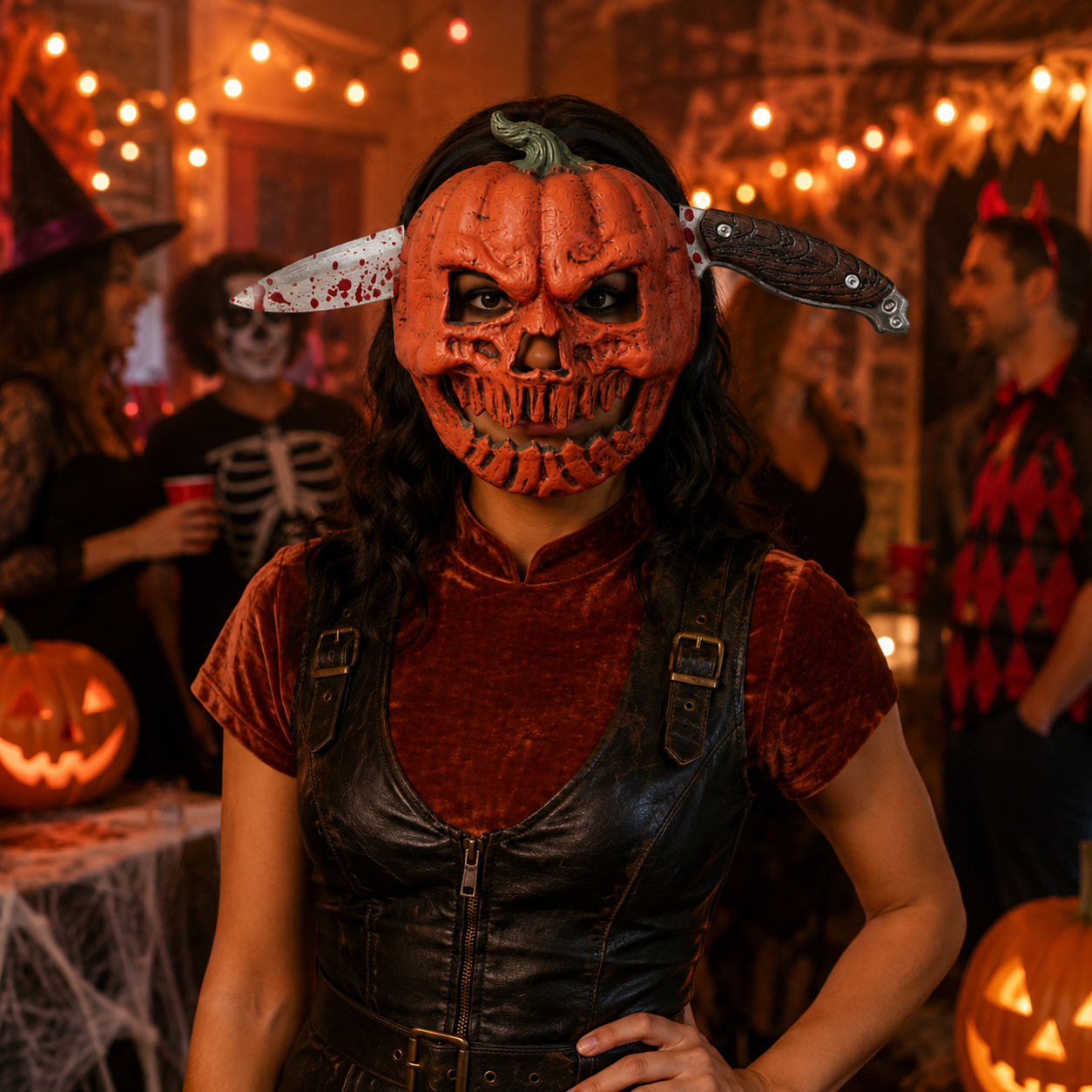 Creepy Pumpkin Mask & Faux Knife Headband – 2-Piece Halloween Costume Set
