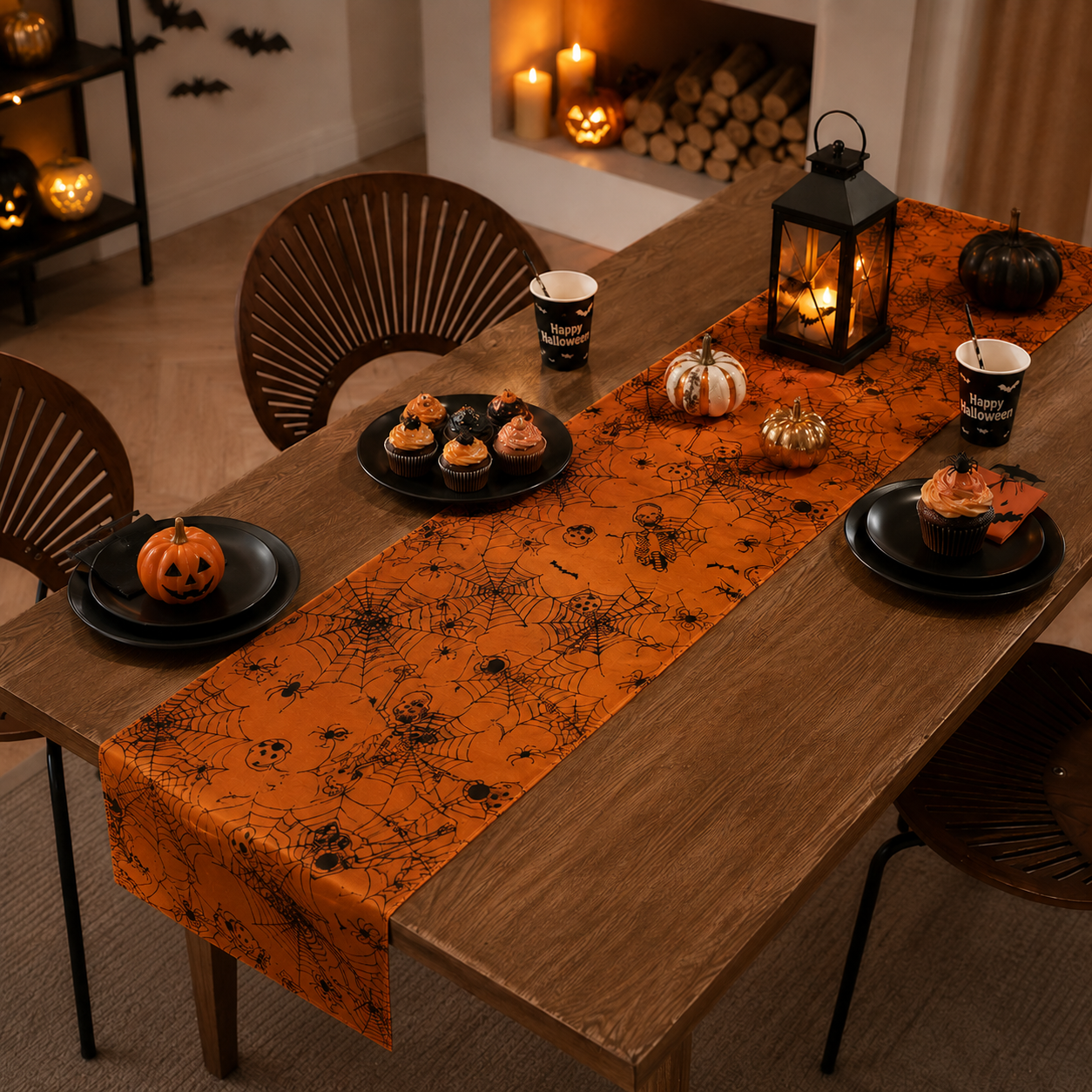 🎃 180 in Halloween Sheer Table Runner Roll Spider Web & Bat Mesh Decor for Party Tables
