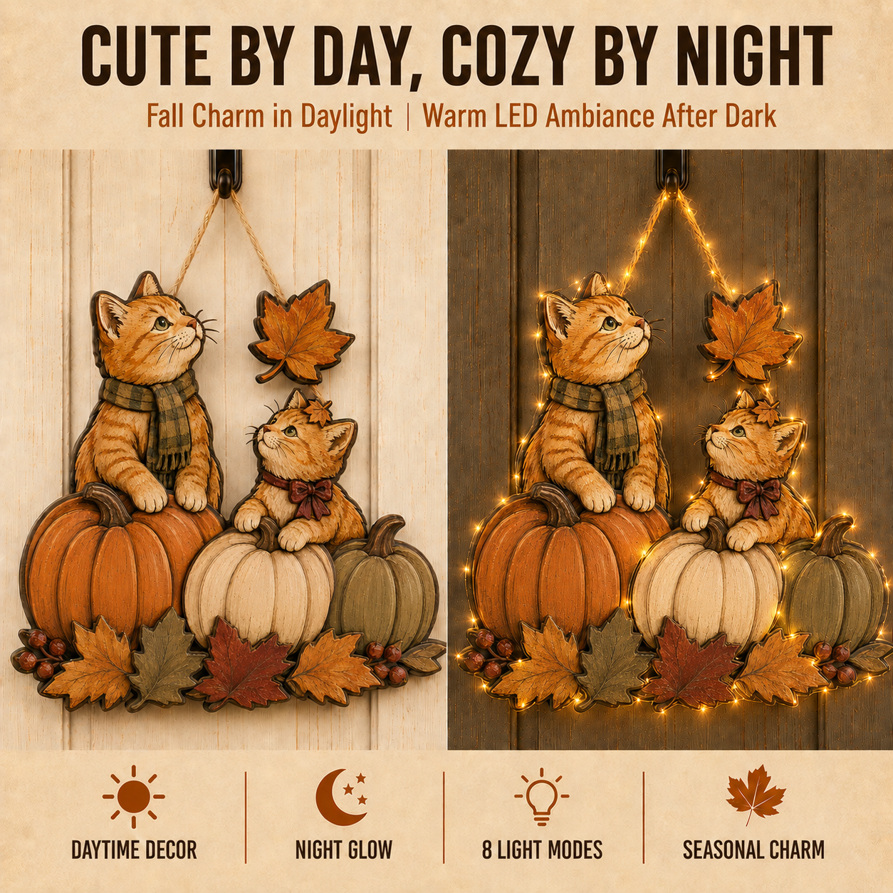 Autumn Whiskers Cat & Pumpkin Wooden Hanging Decor