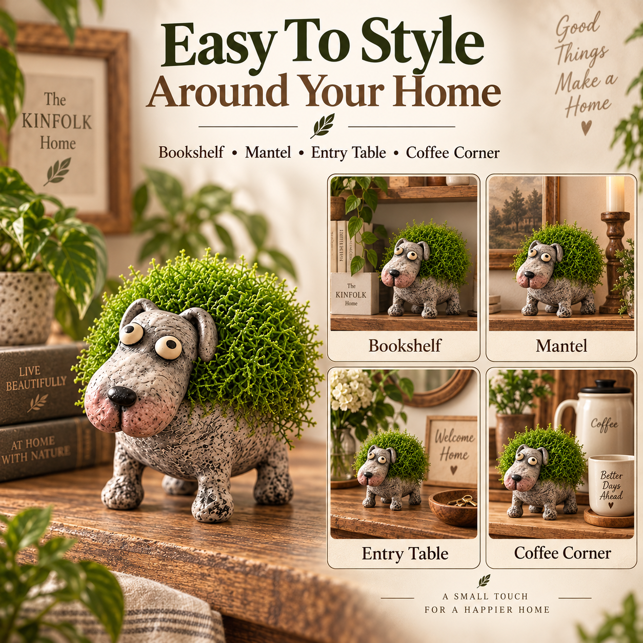 Whimsical Moss-Back Dog Figurine