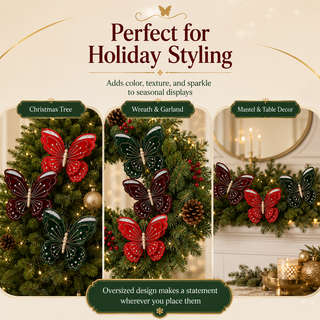 3-Piece Velvet Butterfly Christmas Decorations - 15.8 × 13.8 in