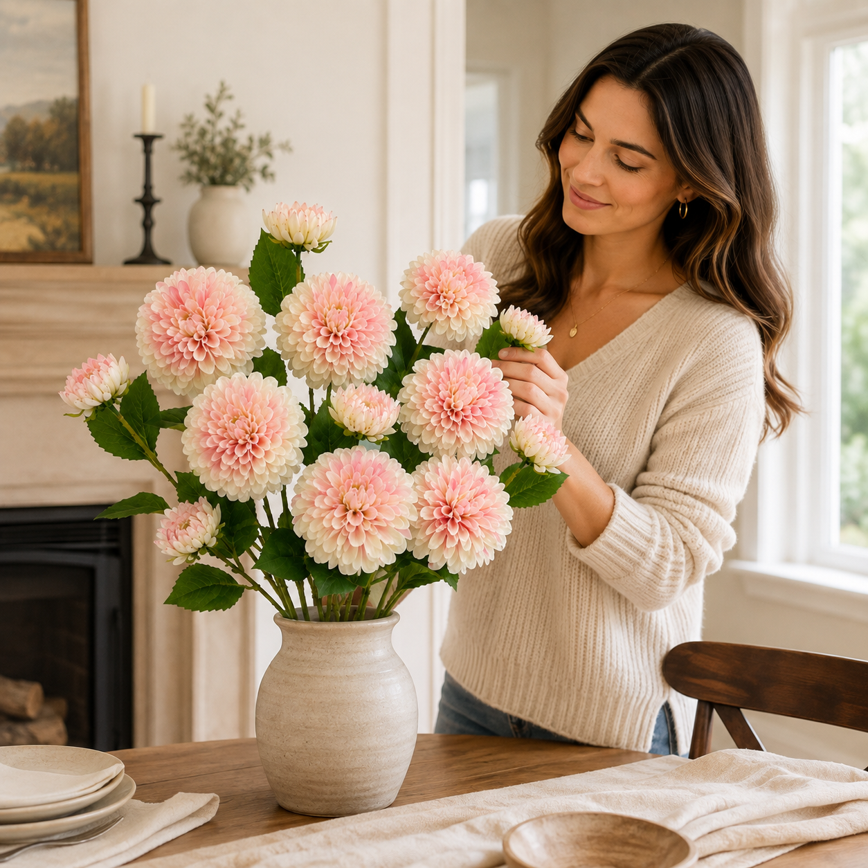29.9 in Lifelike Dahlia Artificial Flower Bouquet – 5 Stems, 15 Blooms