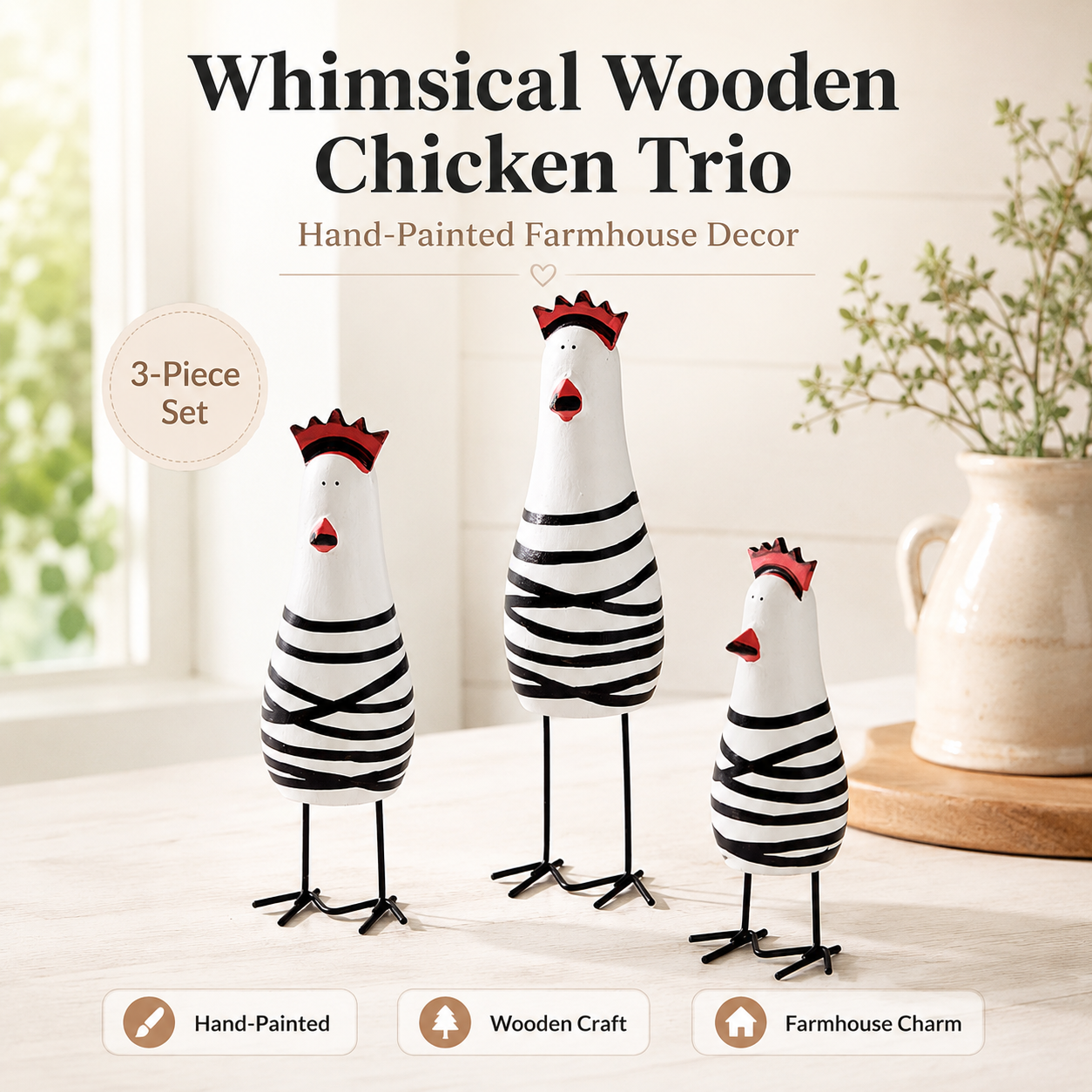 Whimsical Hand-Painted Wooden Chicken Figurines – Set of 3 🐓