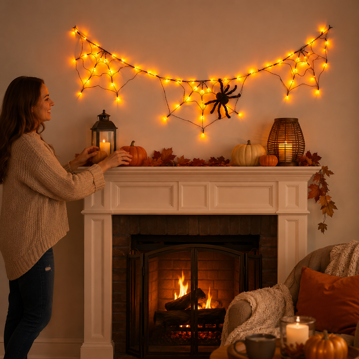 70.9" Wide Battery-Powered Spider Web Lights