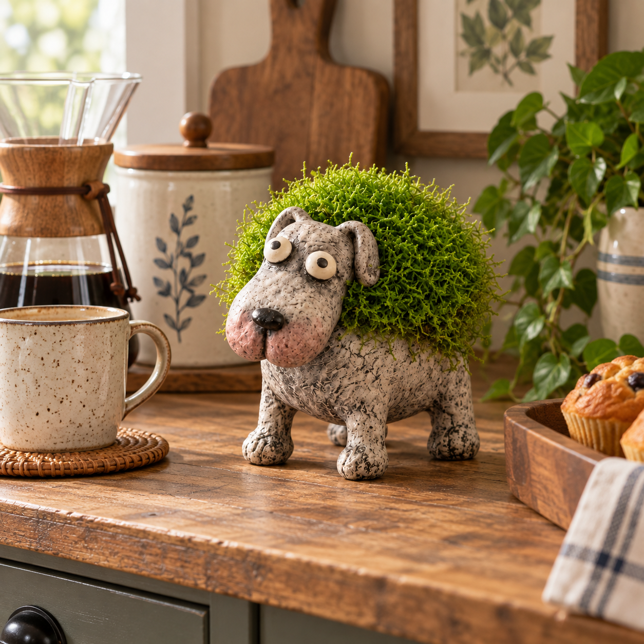 Whimsical Moss-Back Dog Figurine