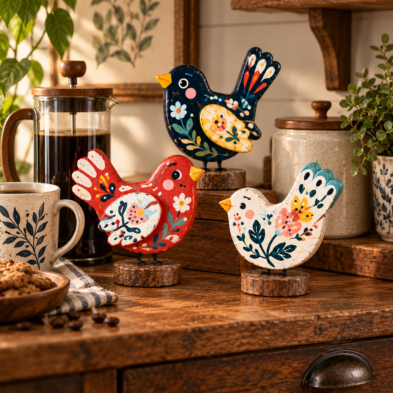 Hand-Painted Folk Art Bird Figurines – Set of 3