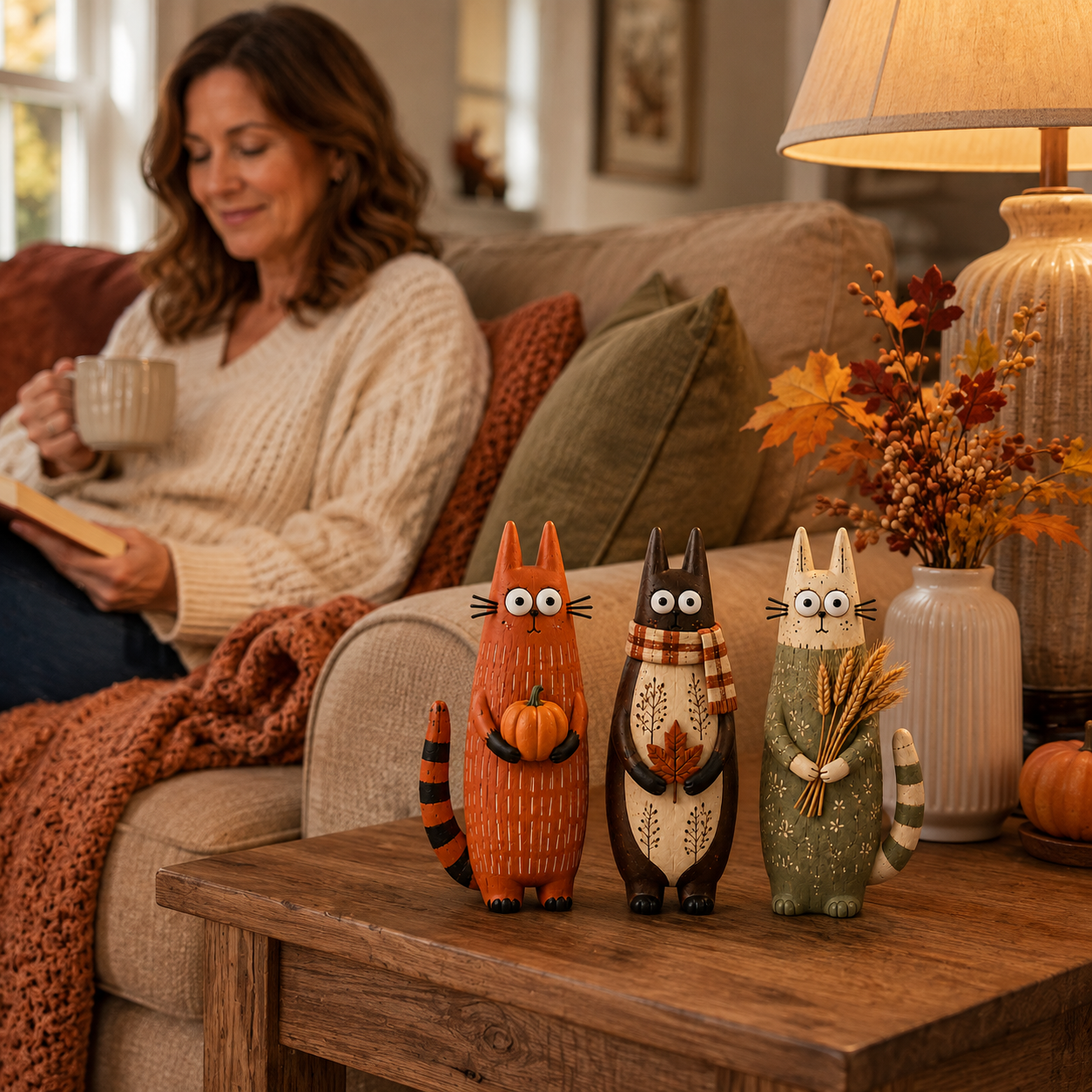 Whimsical Harvest Cat Figurine Set – Set of 3
