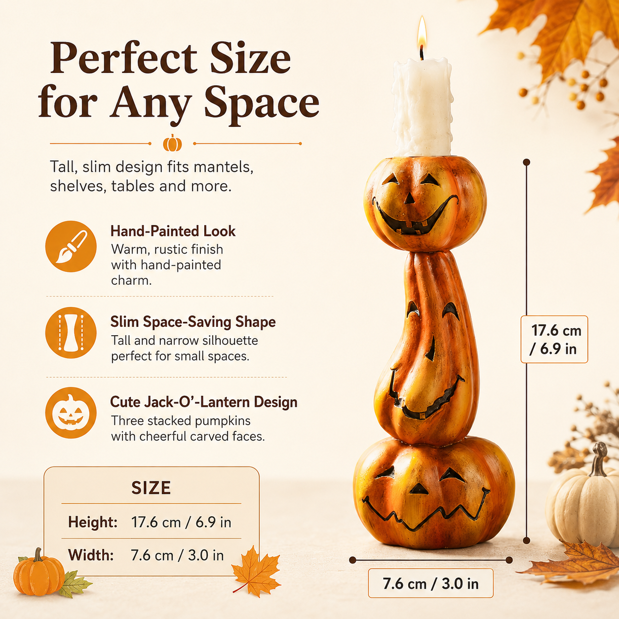 Stacked Jack-O’-Lantern Pumpkin Candle Holder - 6.9 Inch Halloween Resin Candlestick Decor