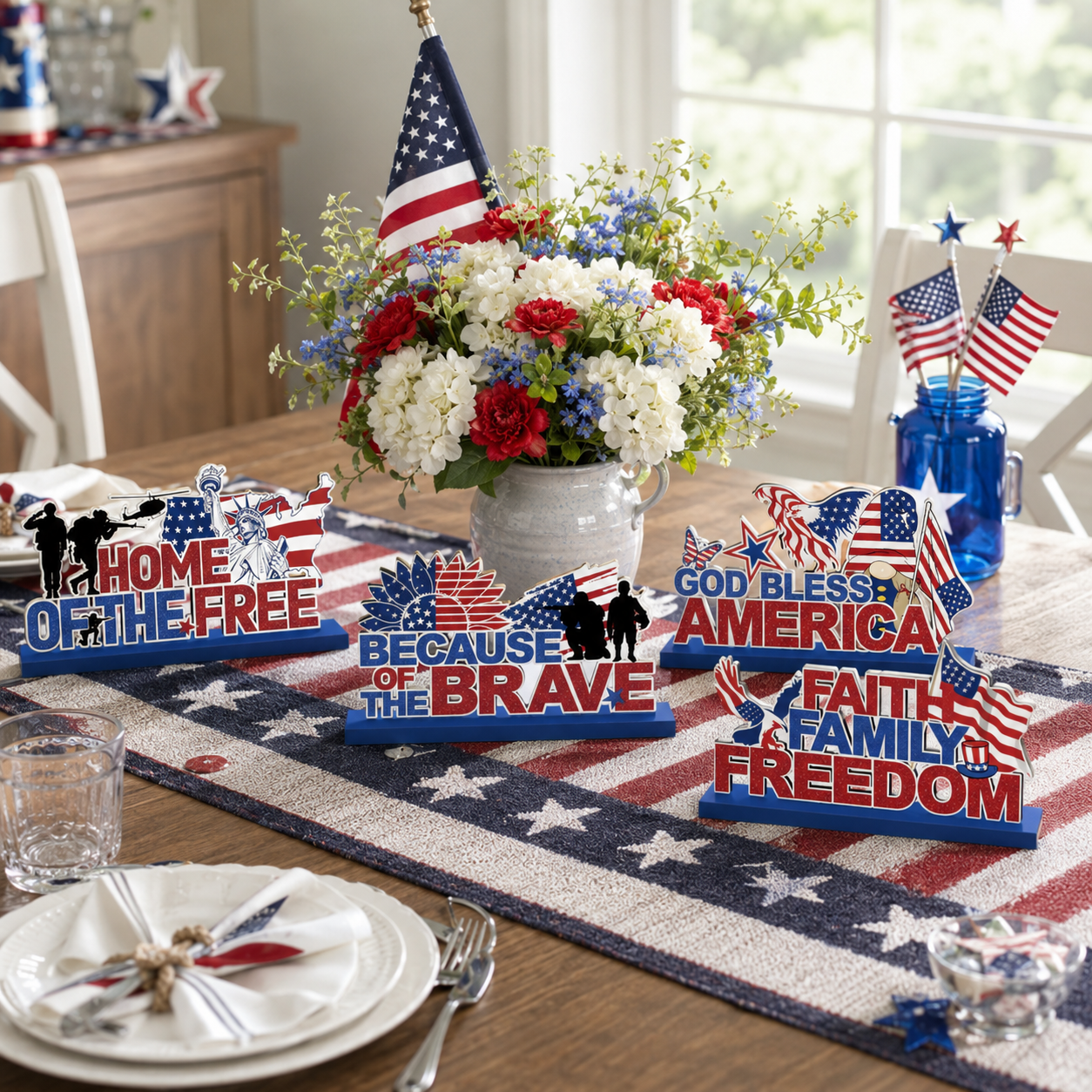 4pcs Patriotic Wooden Tabletop Signs – “Home of the Free”, “Because of the Brave”, “God Bless America”, “Faith Family Freedom”