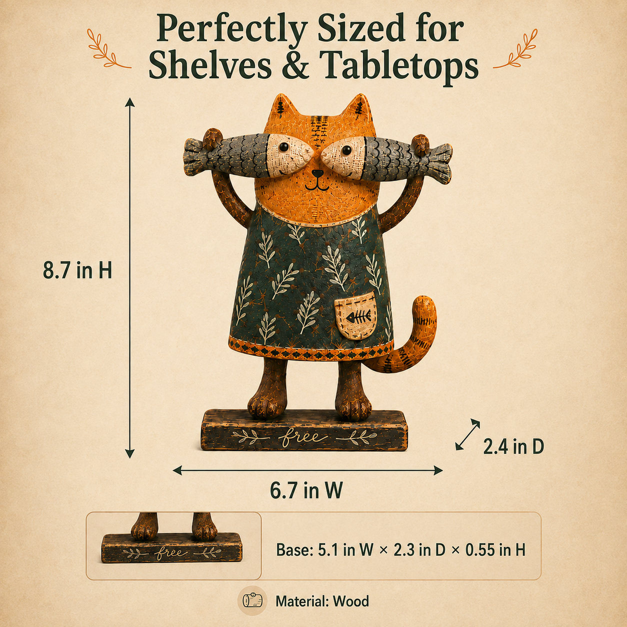 Free Spirit Cat with Fish Wooden Figurine