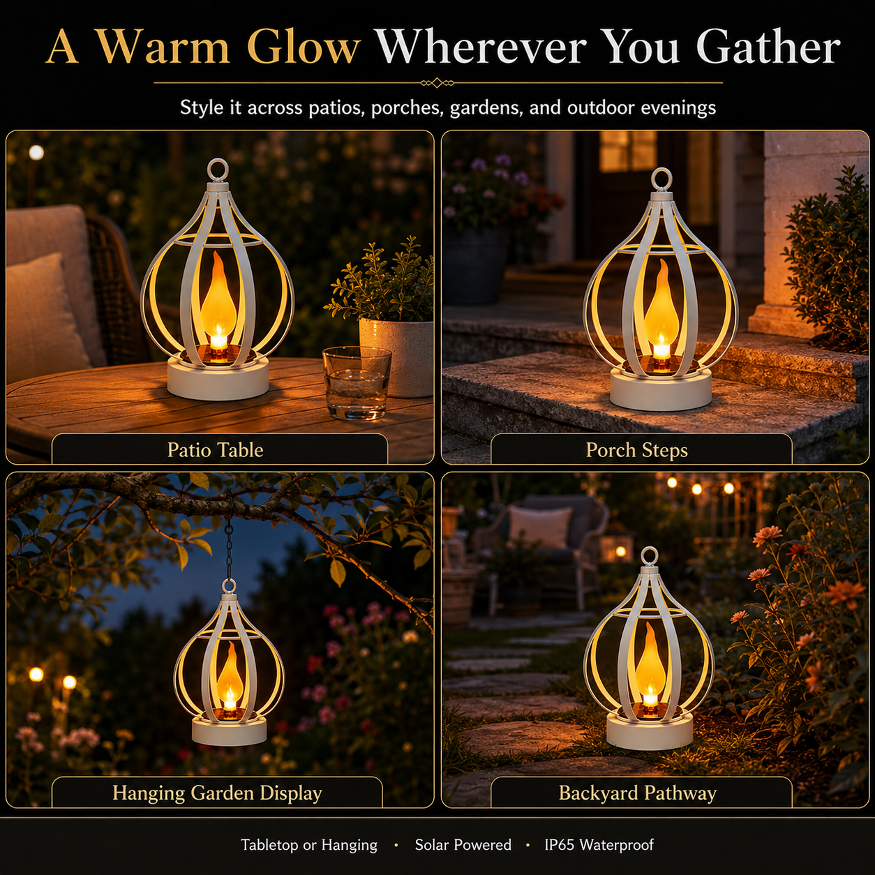 Solar Flickering Flame Metal Lantern IP65 Waterproof Hanging & Tabletop Garden Light