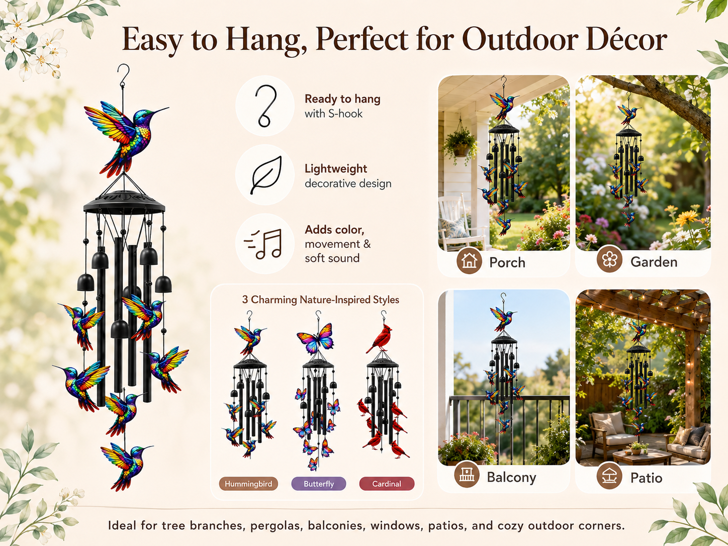 Outdoor Wind Chimes with Colorful Birds & Butterflies
