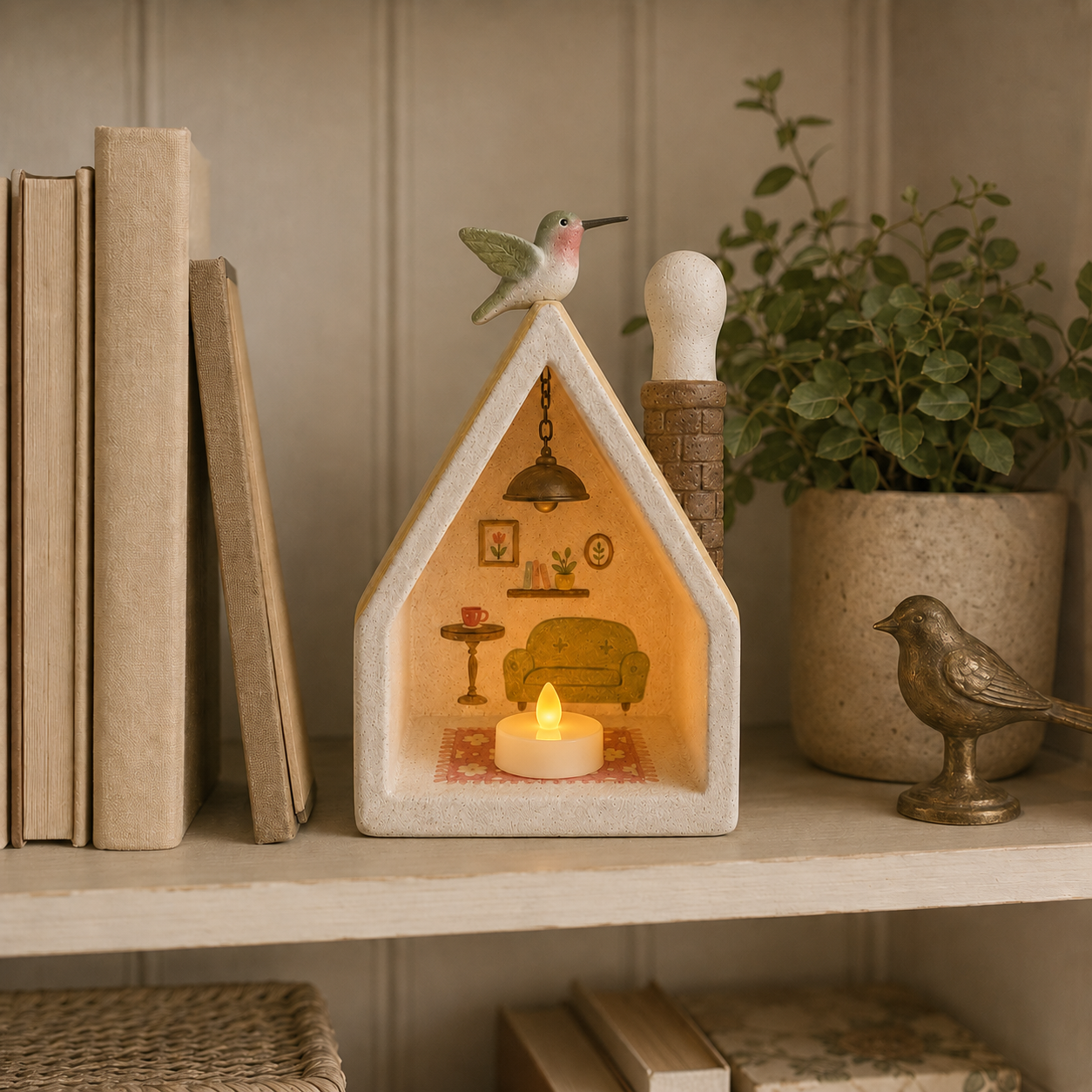 🐦 Whimsical Hummingbird Cottage Resin LED Tea Light Holder
