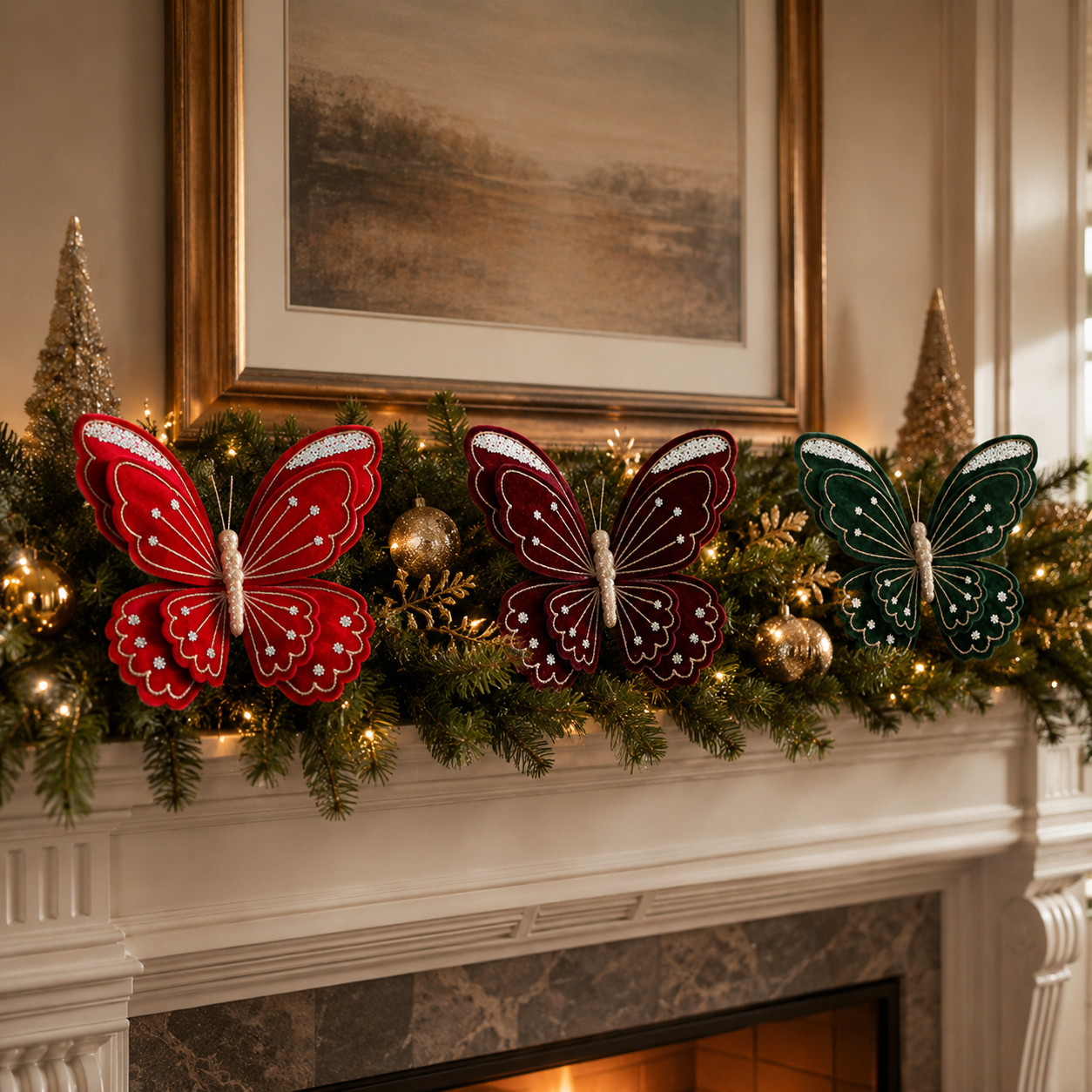 3-Piece Velvet Butterfly Christmas Decorations - 15.8 × 13.8 in