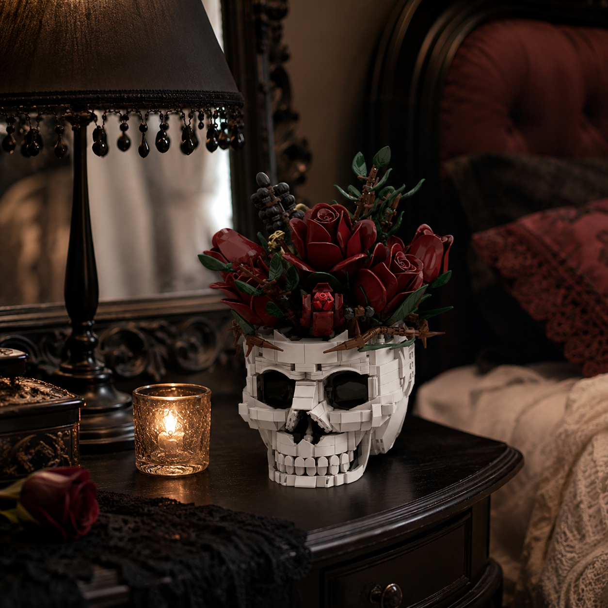 Gothic Rose Skull Building Block Flower Vase🖤🌹 – 1123 PCS DIY Dark Romantic Home Decor Gift