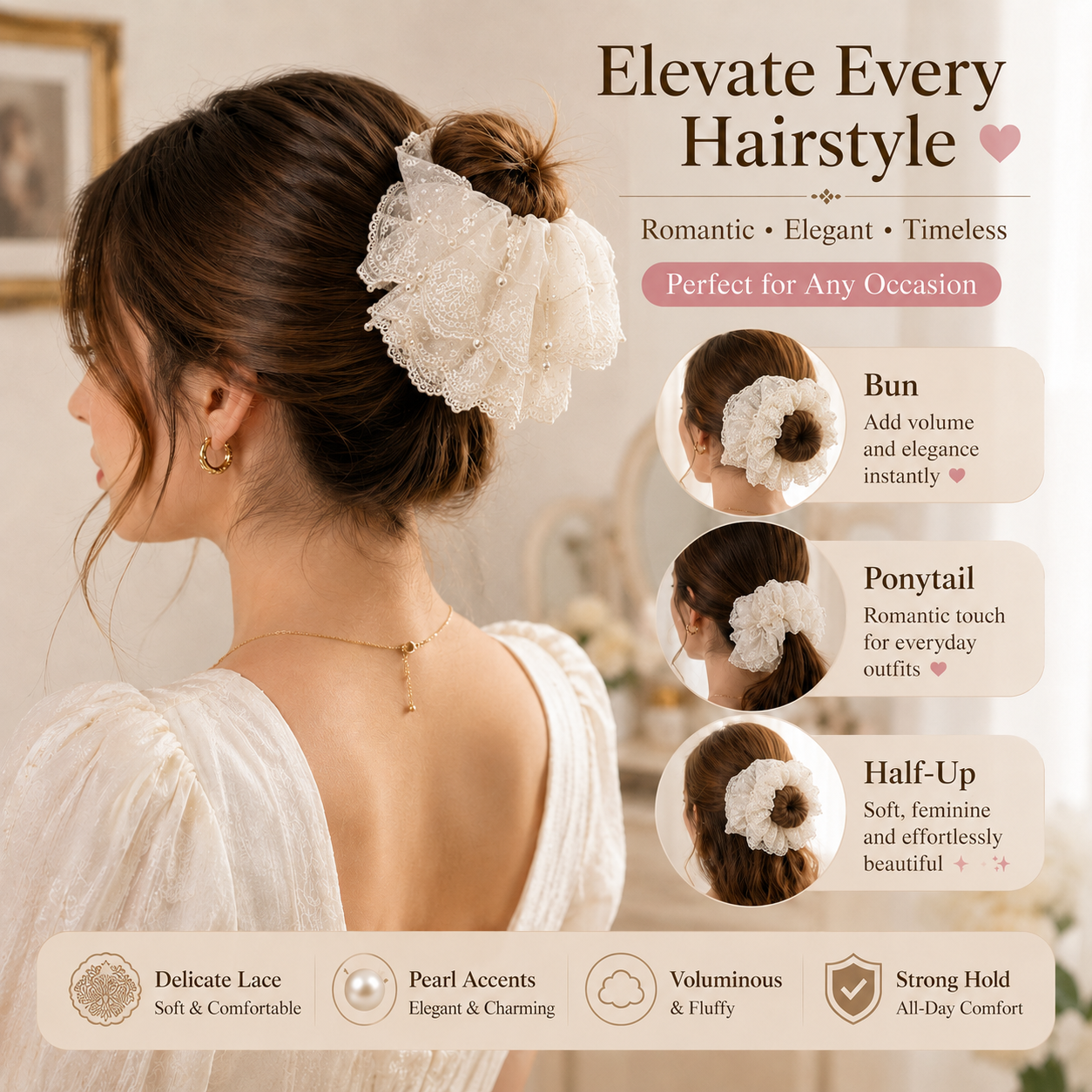 Pearl Lace Hair Scrunchie Trio Set with Display Stand 🎀✨