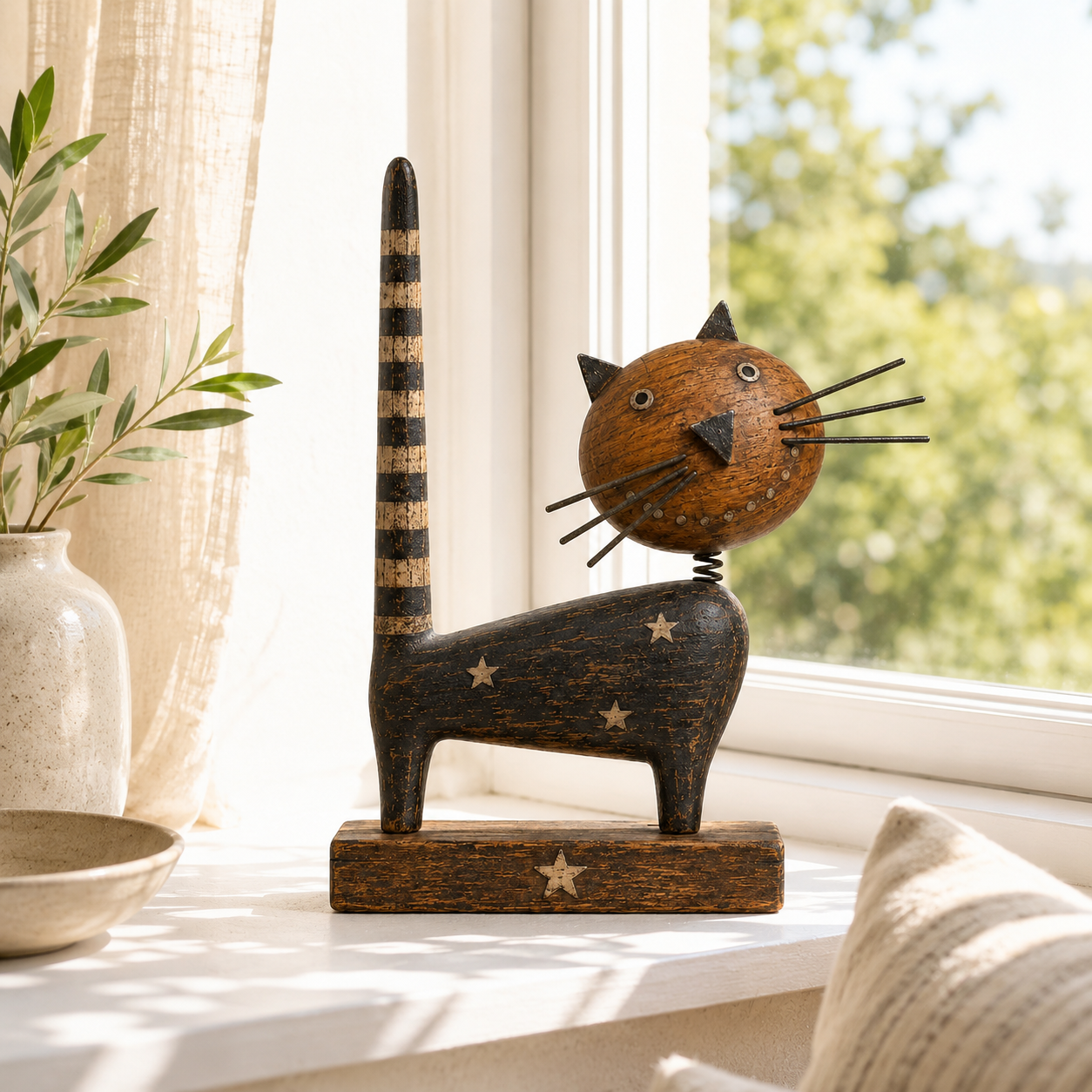 Vintage Primitive Wooden Cat with Metal Accents