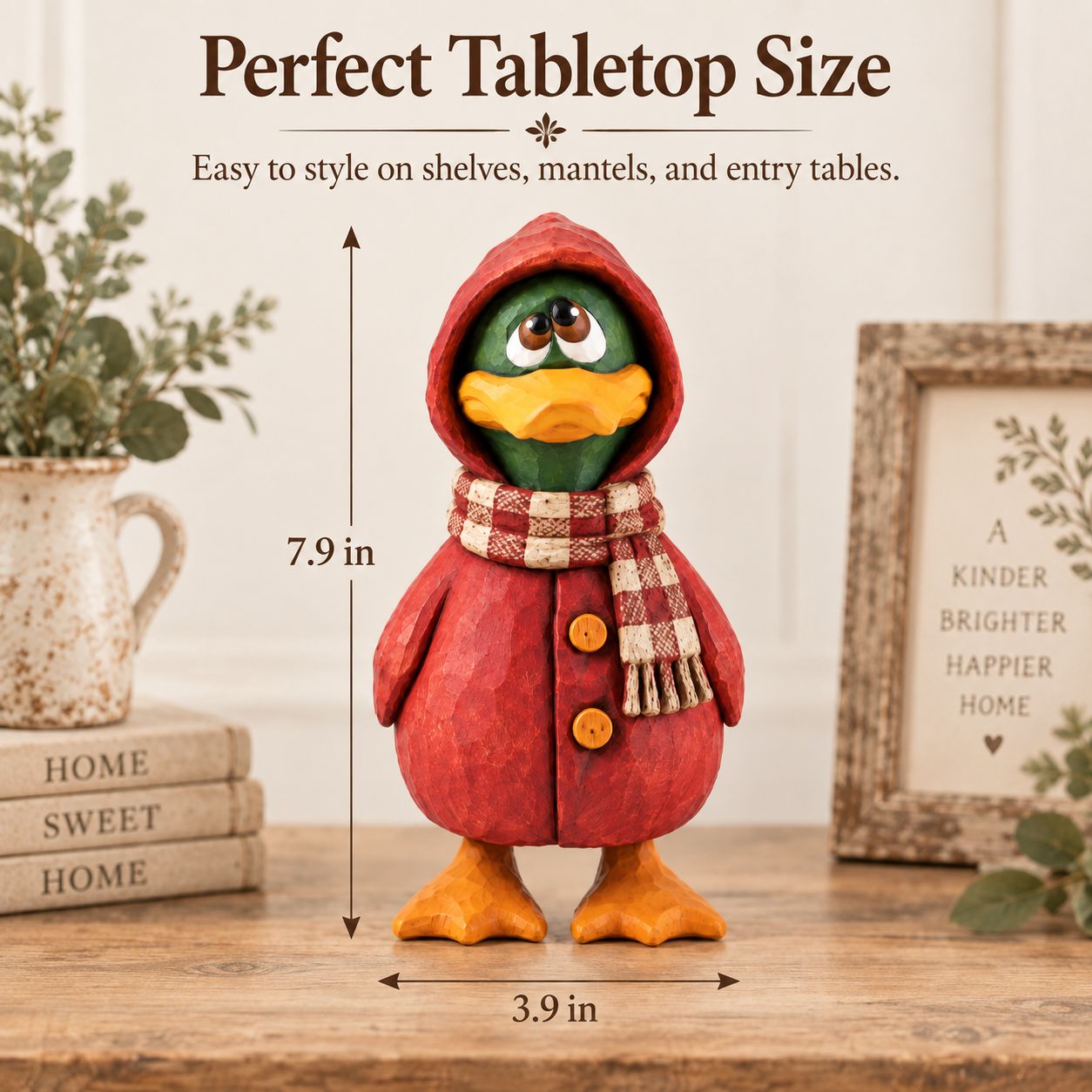 Rustic Wooden Duck Figurine with Scarf, Hand-Painted Farmhouse Animal Decor