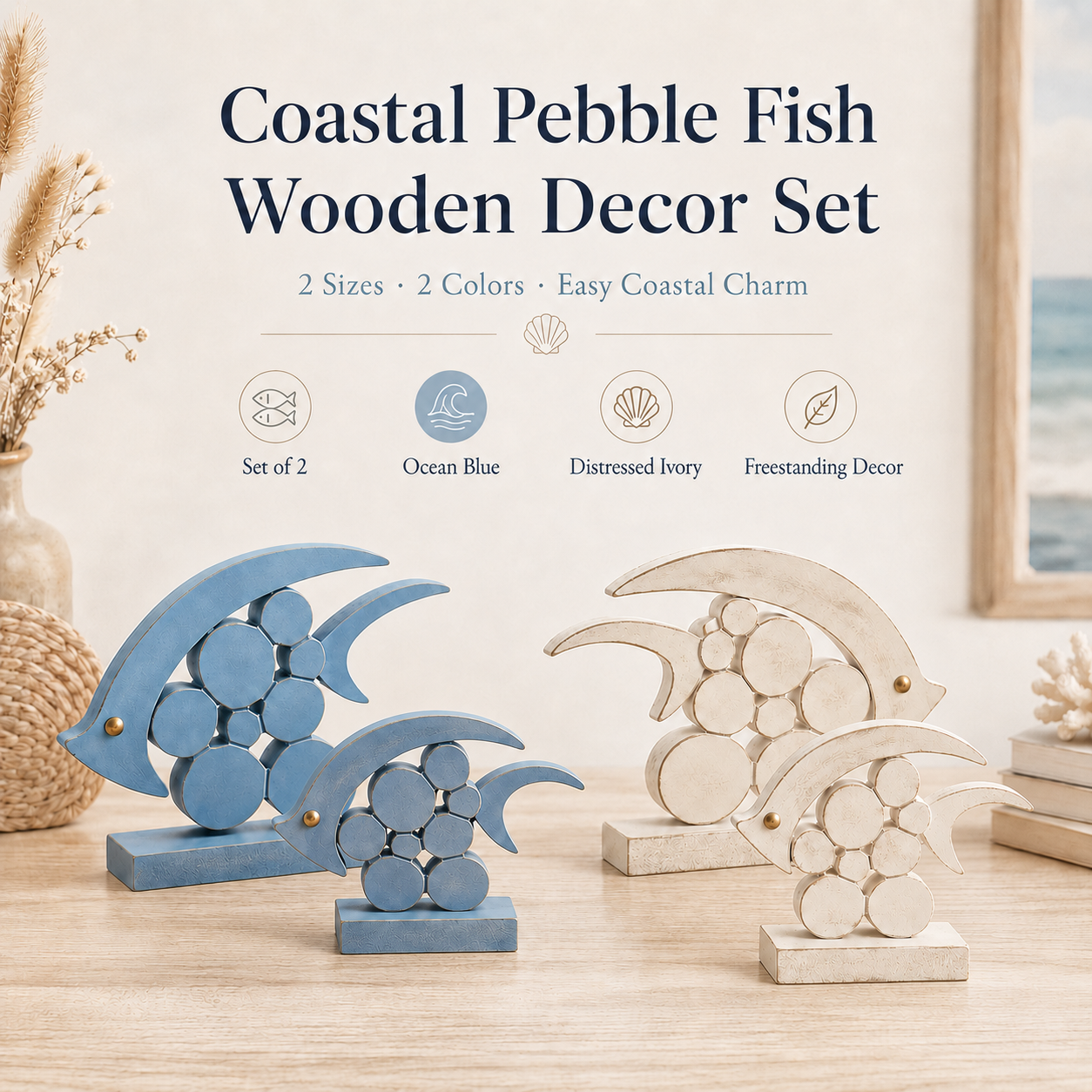 🐟 Coastal Pebble Fish Wooden Decor Set – 2 Pieces