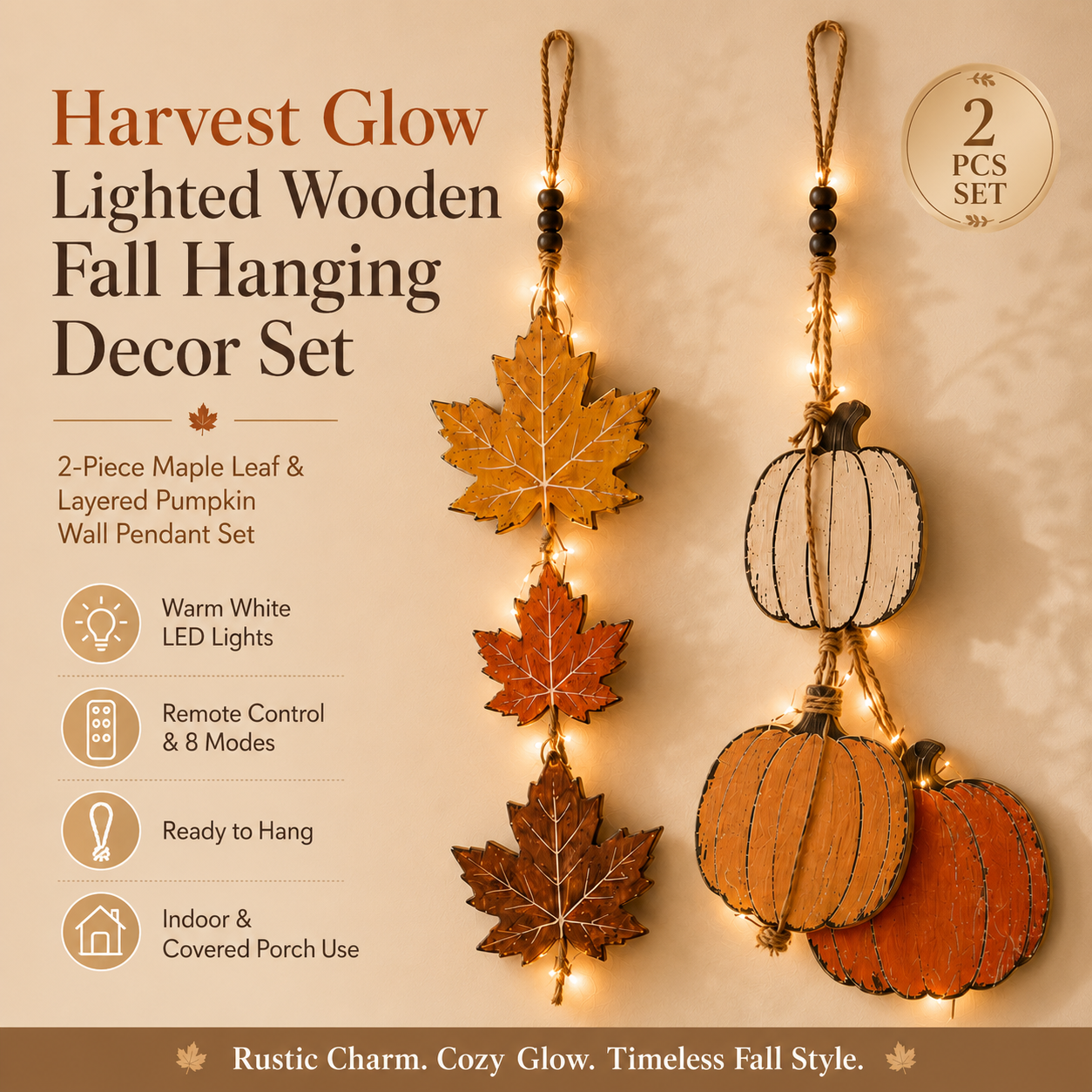23.6 in Lighted Fall Wooden Hanging Decor Set – Maple Leaves & Pumpkins