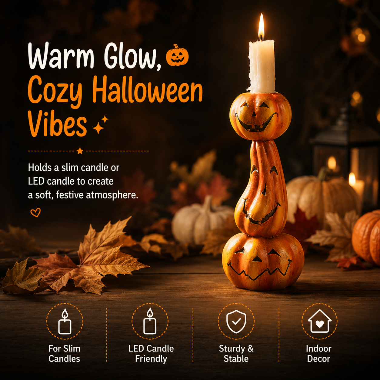 Stacked Jack-O’-Lantern Pumpkin Candle Holder - 6.9 Inch Halloween Resin Candlestick Decor