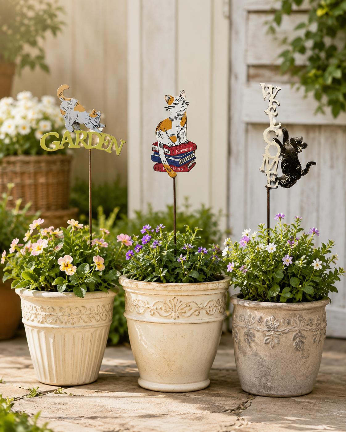 Vintage Metal Garden Stakes - Woodland Squirrel Hedgehog & Cat Plant Pot Picks