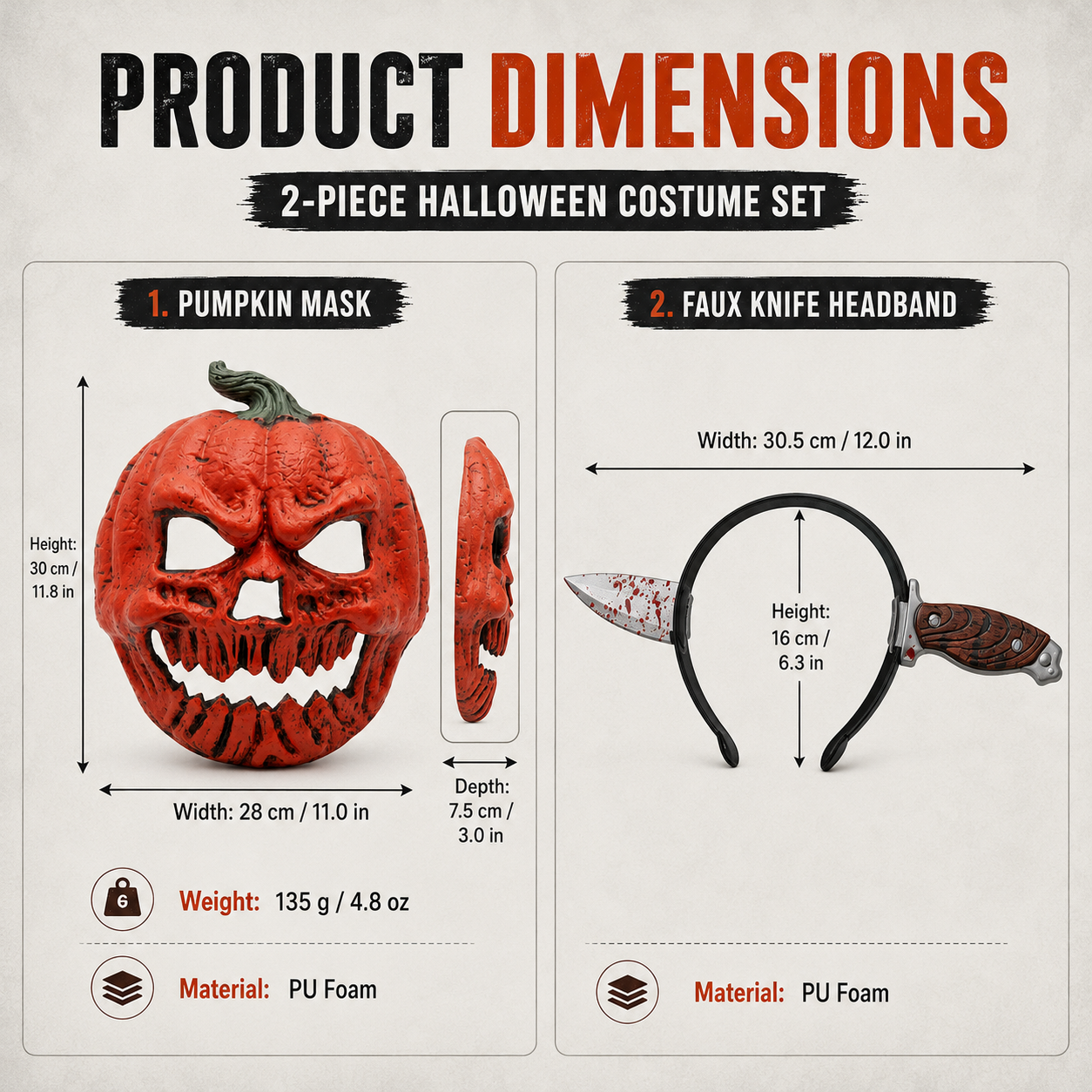 Creepy Pumpkin Mask & Faux Knife Headband – 2-Piece Halloween Costume Set