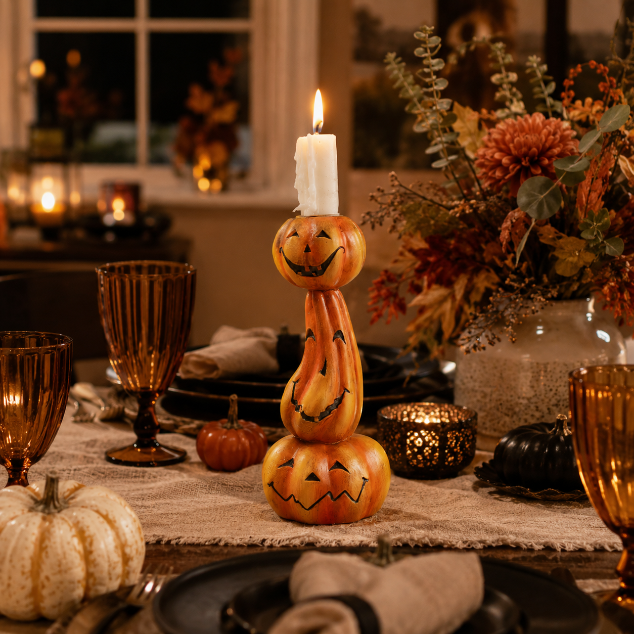 Stacked Jack-O’-Lantern Pumpkin Candle Holder - 6.9 Inch Halloween Resin Candlestick Decor
