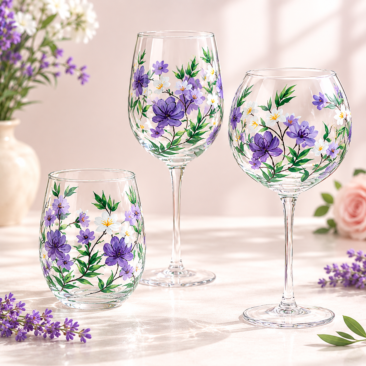Fresh Floral Butterfly Glassware Gift Set, Hand-Painted Cottage Style