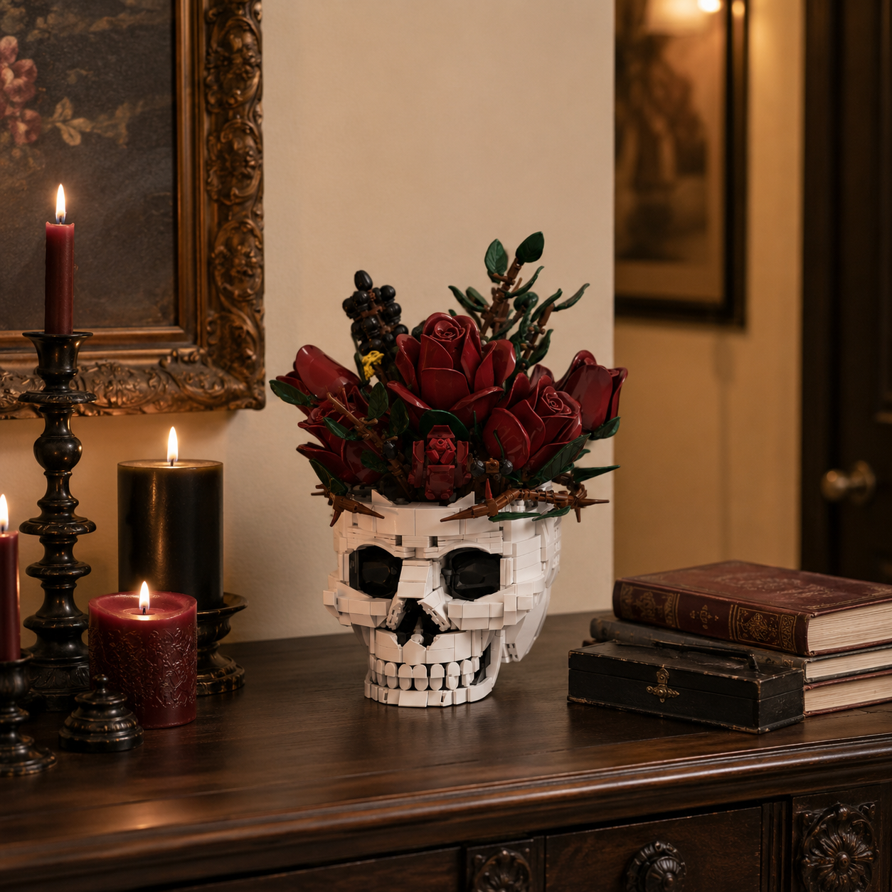 Gothic Rose Skull Building Block Flower Vase🖤🌹 – 1123 PCS DIY Dark Romantic Home Decor Gift