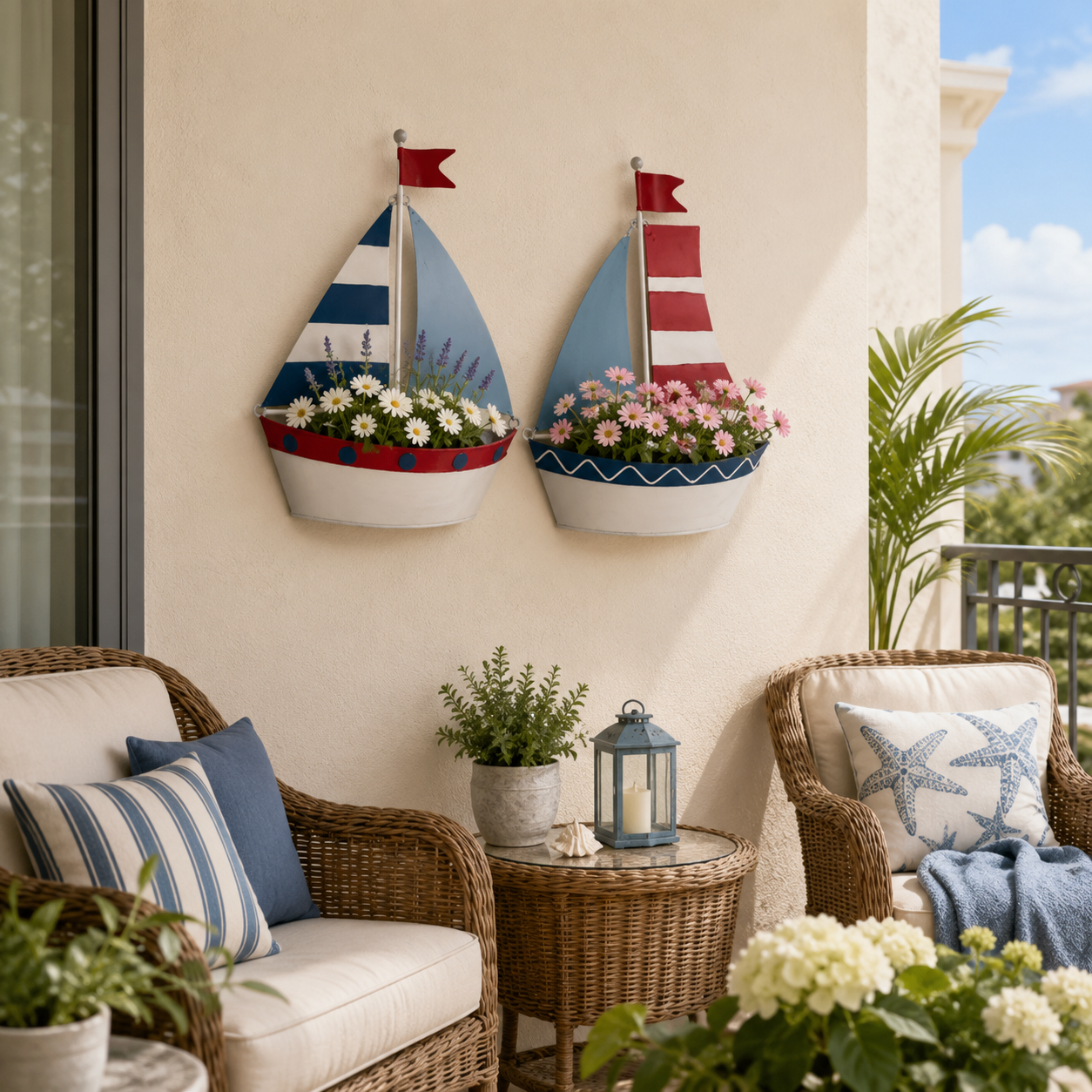 Coastal Sailboat Metal Wall Planter – Nautical Hanging Flower Basket⛵