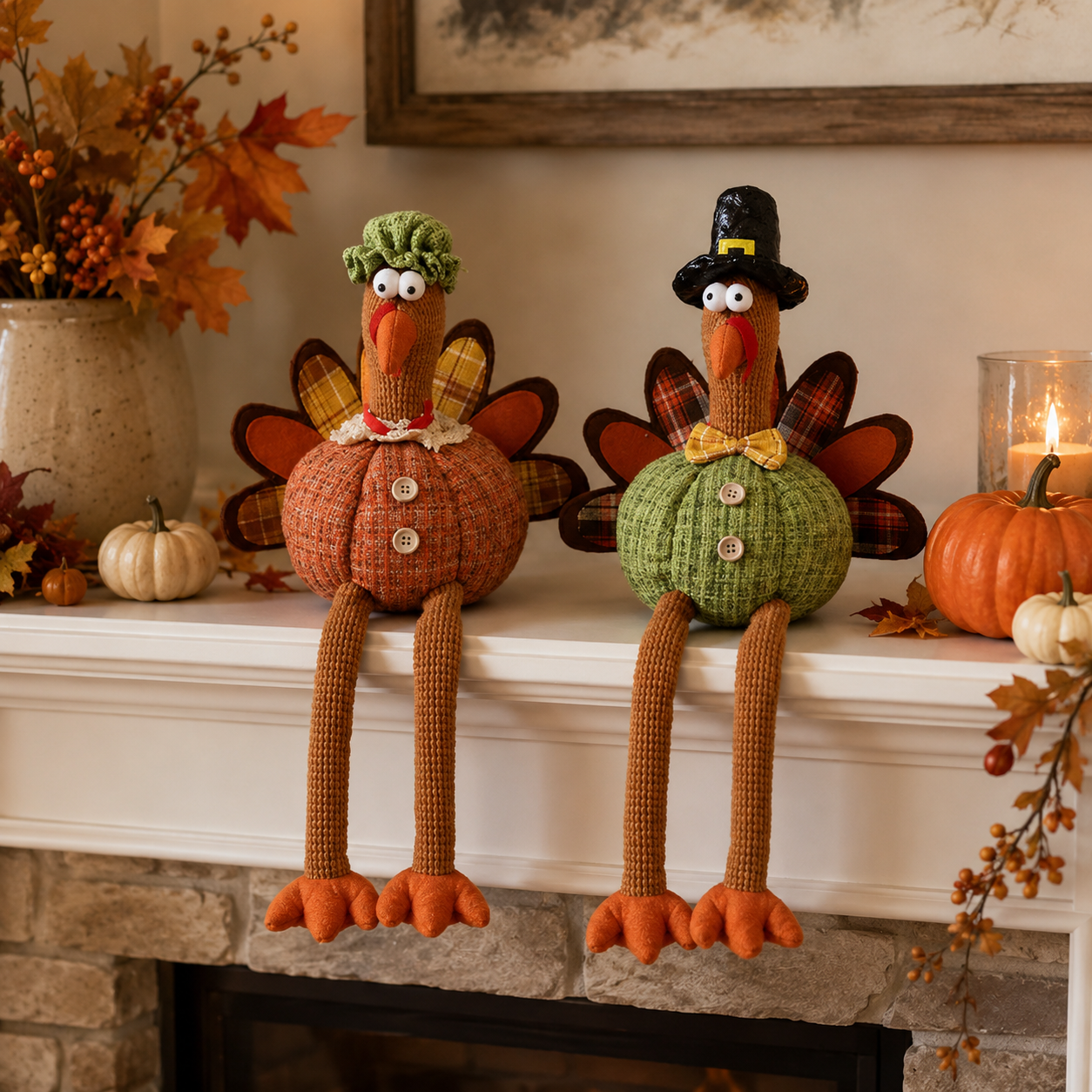 Whimsical Harvest Turkey Couple Shelf Sitters – Set of 2