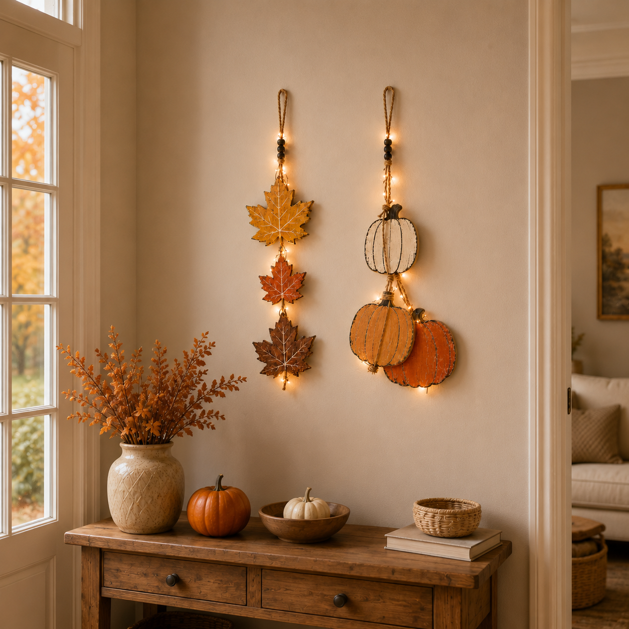 23.6 in Lighted Fall Wooden Hanging Decor Set – Maple Leaves & Pumpkins