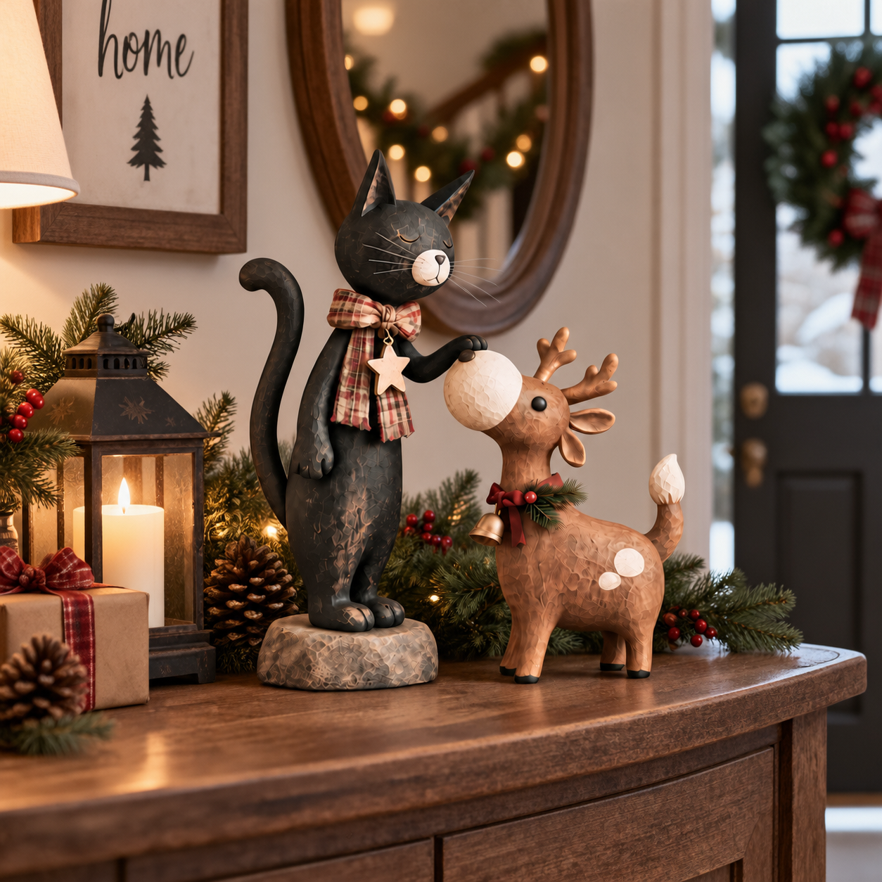 Whimsical Christmas Cat & Reindeer Figurine Set