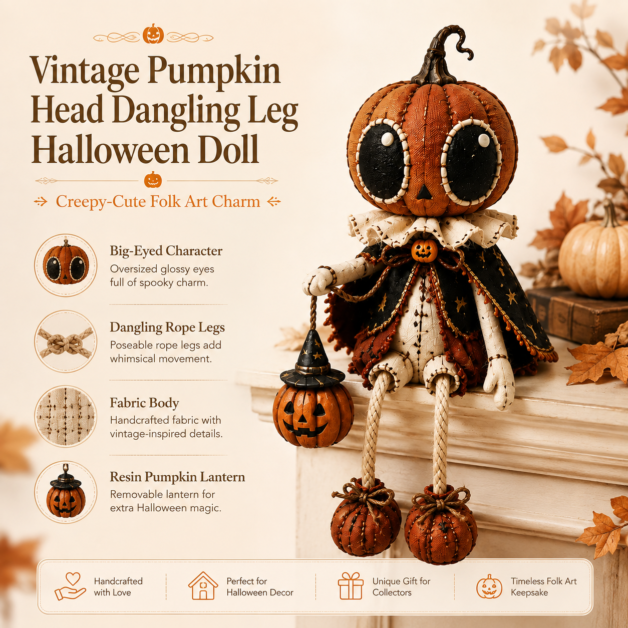 🎃 Vintage Pumpkin Head Dangling Leg Halloween Doll