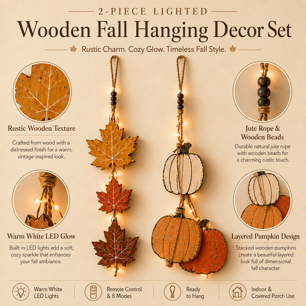 23.6 in Lighted Fall Wooden Hanging Decor Set – Maple Leaves & Pumpkins